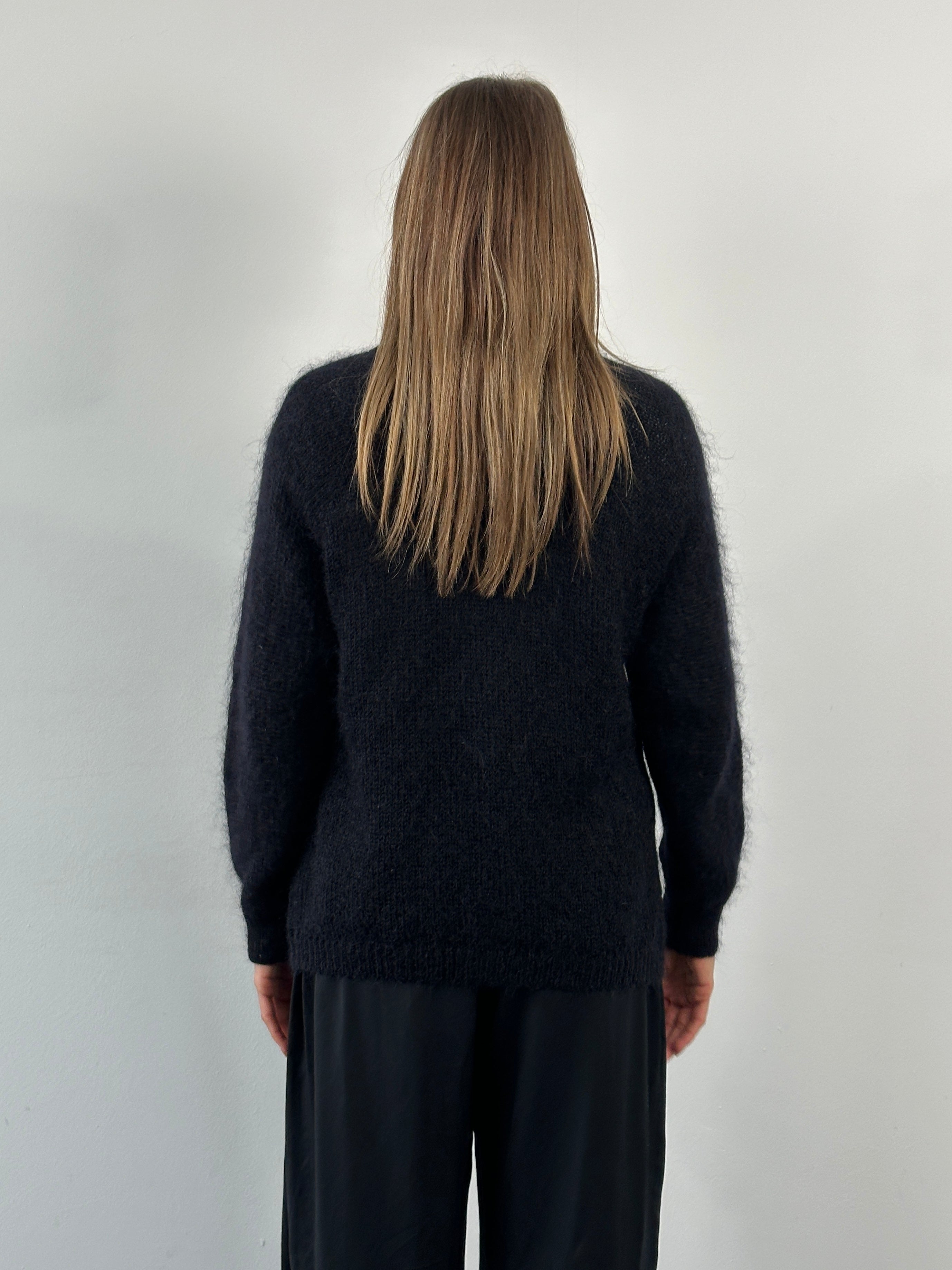 St Michael 1990s mohair cardigan in size L, soft textured knit with button closure and classic design, displayed on a hanger.