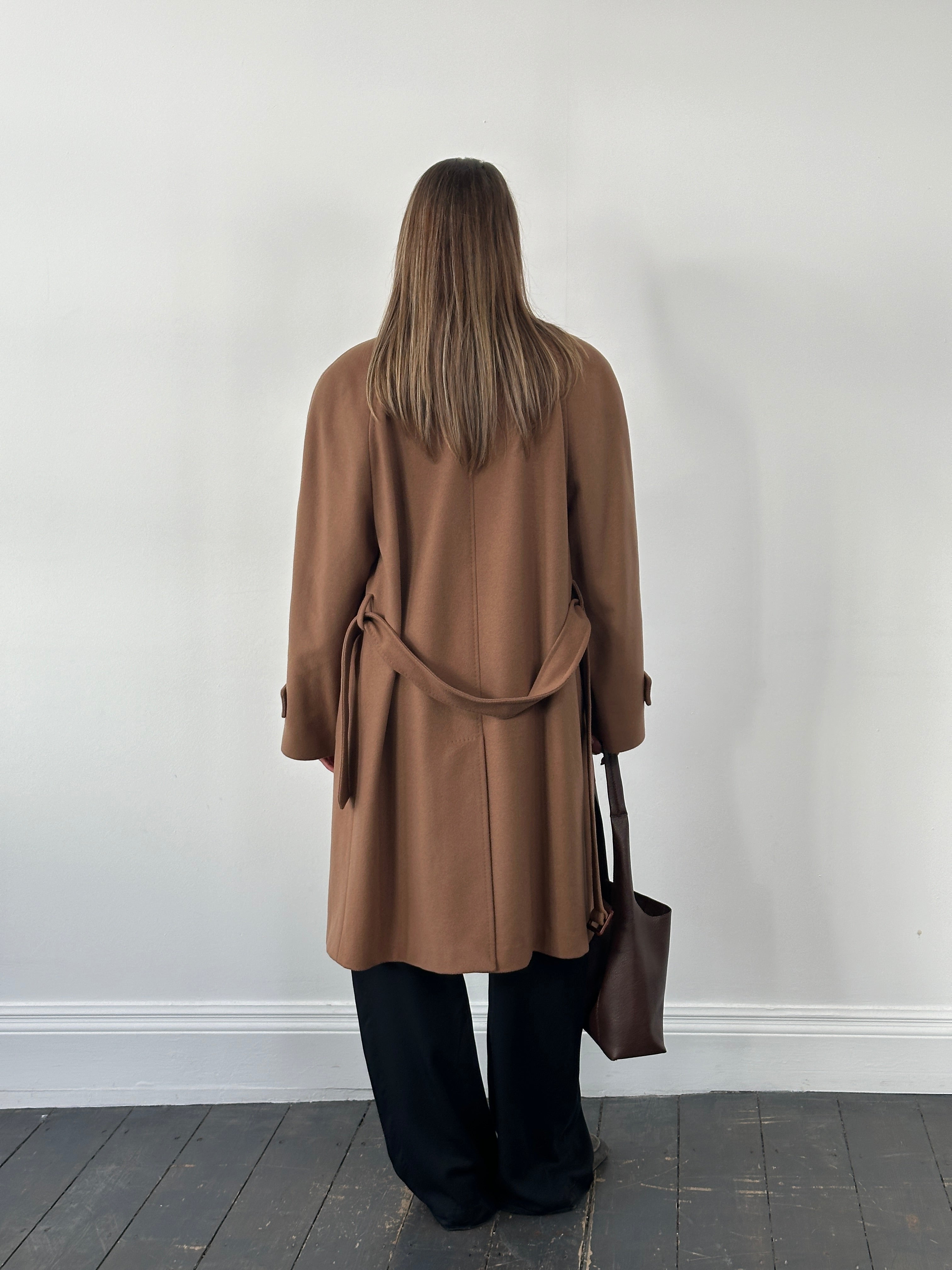 Vintage Italian 1990s wool and cashmere belted coat in XL, showcasing classic design and rich fabric texture.
