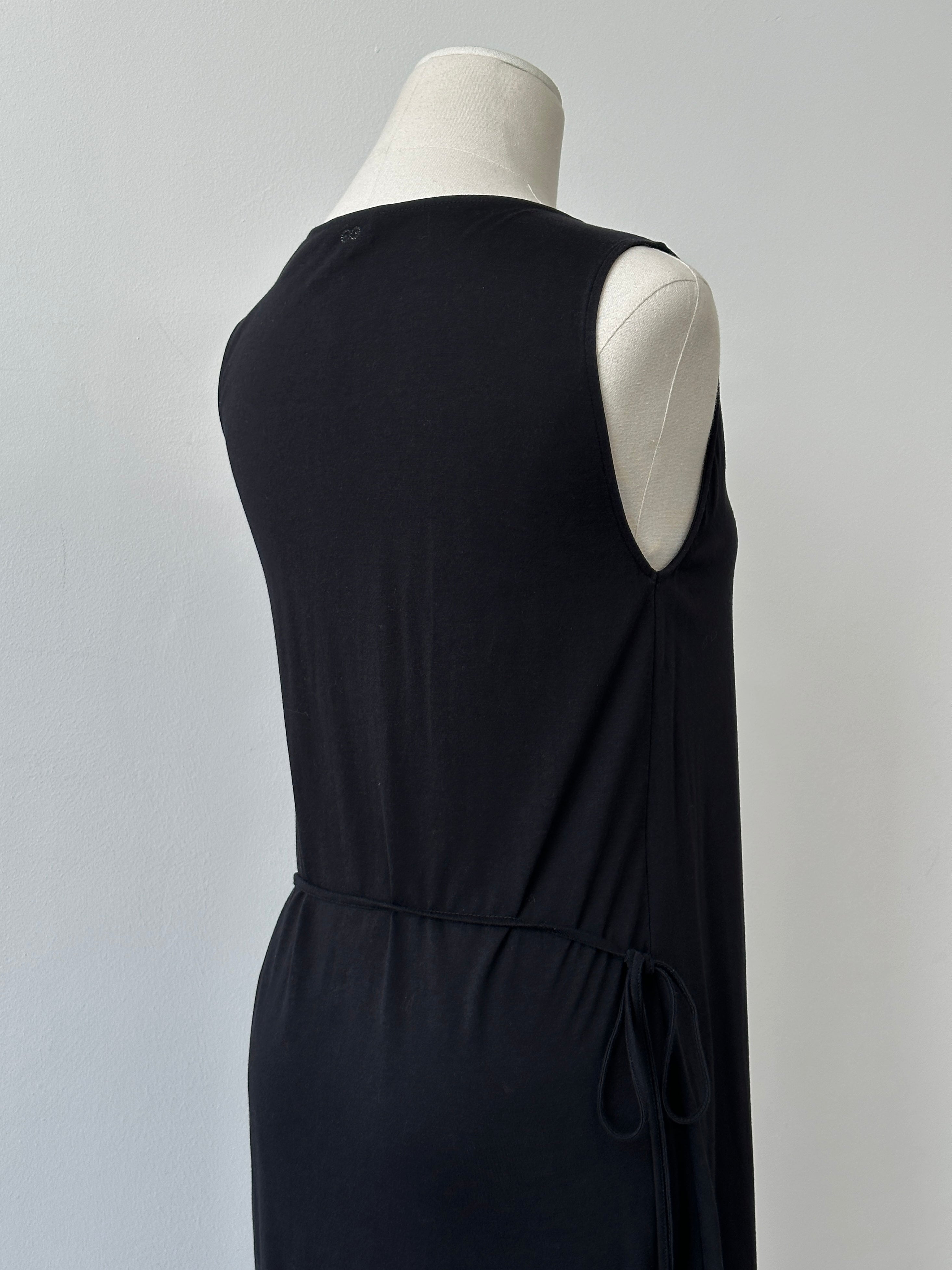 Escada Sport sleeveless wrap midi dress with tie belt in a 2000s style, size S-M, featuring a fitted silhouette and elegant design.