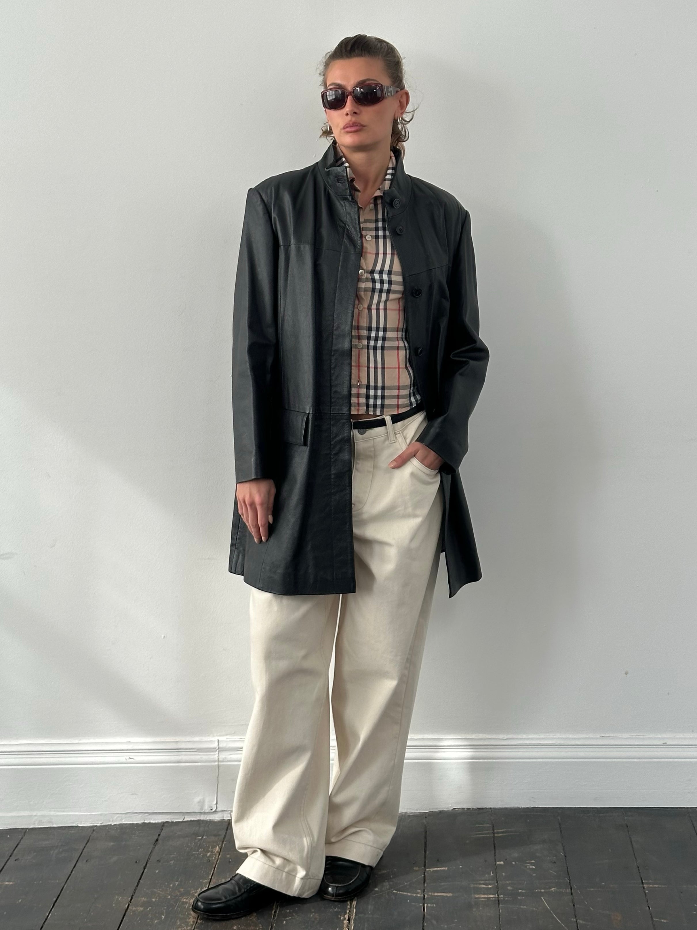 Vintage 1990s Collarless Leather Trench Coat - L/XL
