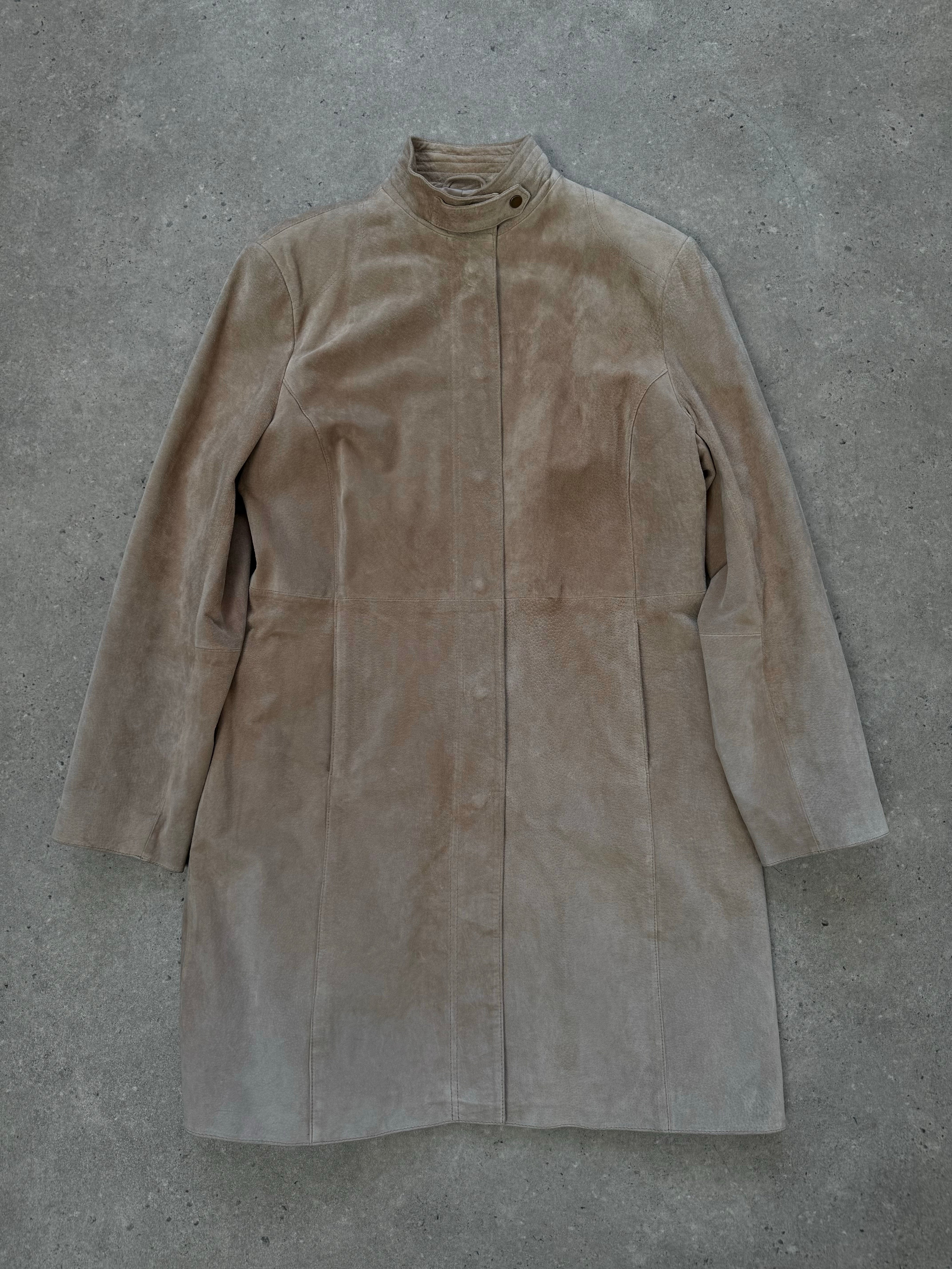 Vintage 1990s suede leather jacket with high neck and long sleeves, displayed on a hanger. Classic men's fashion piece.