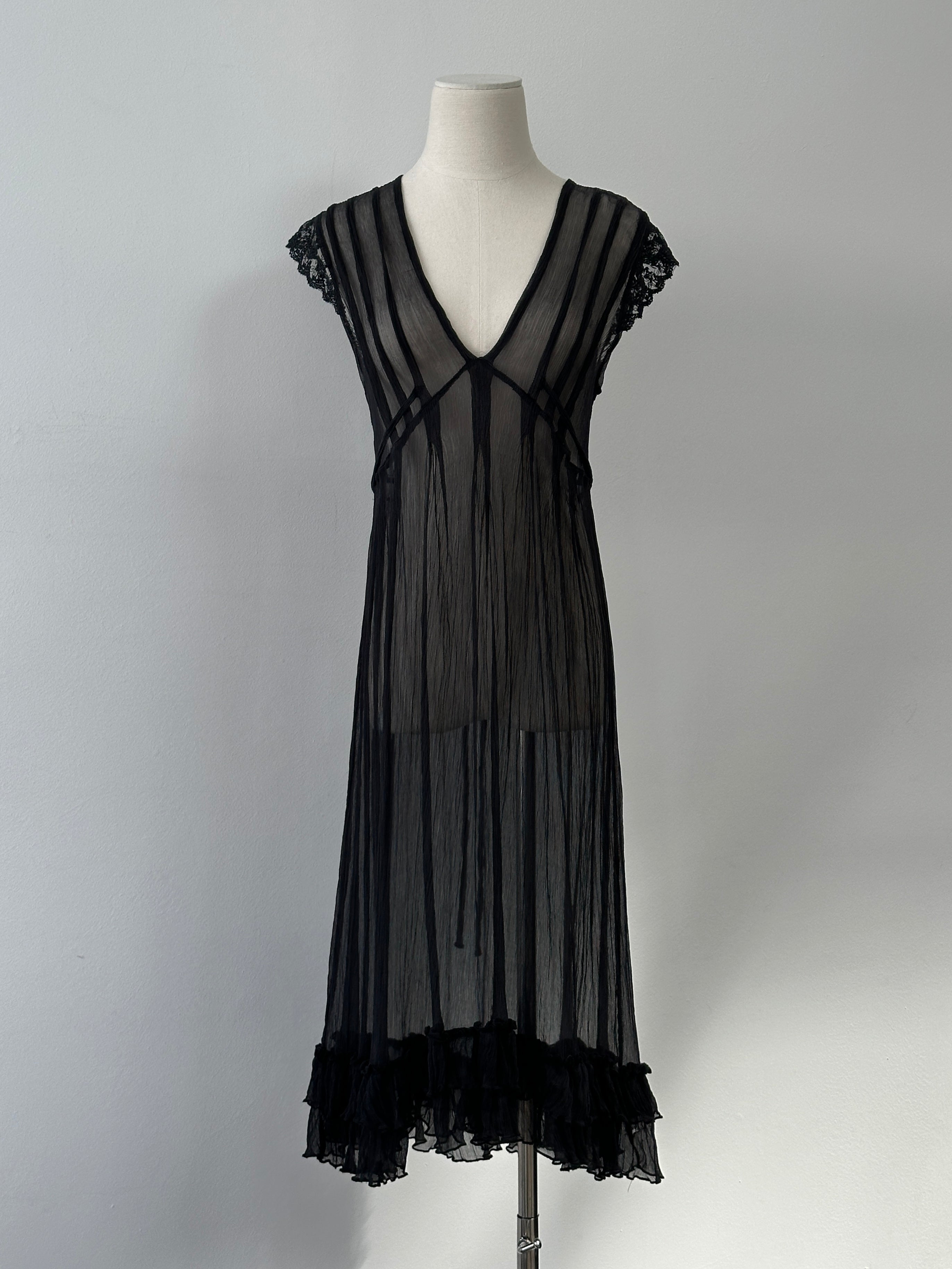Vintage 2000s Sheer Crinkle Ruffle Midi Dress - M