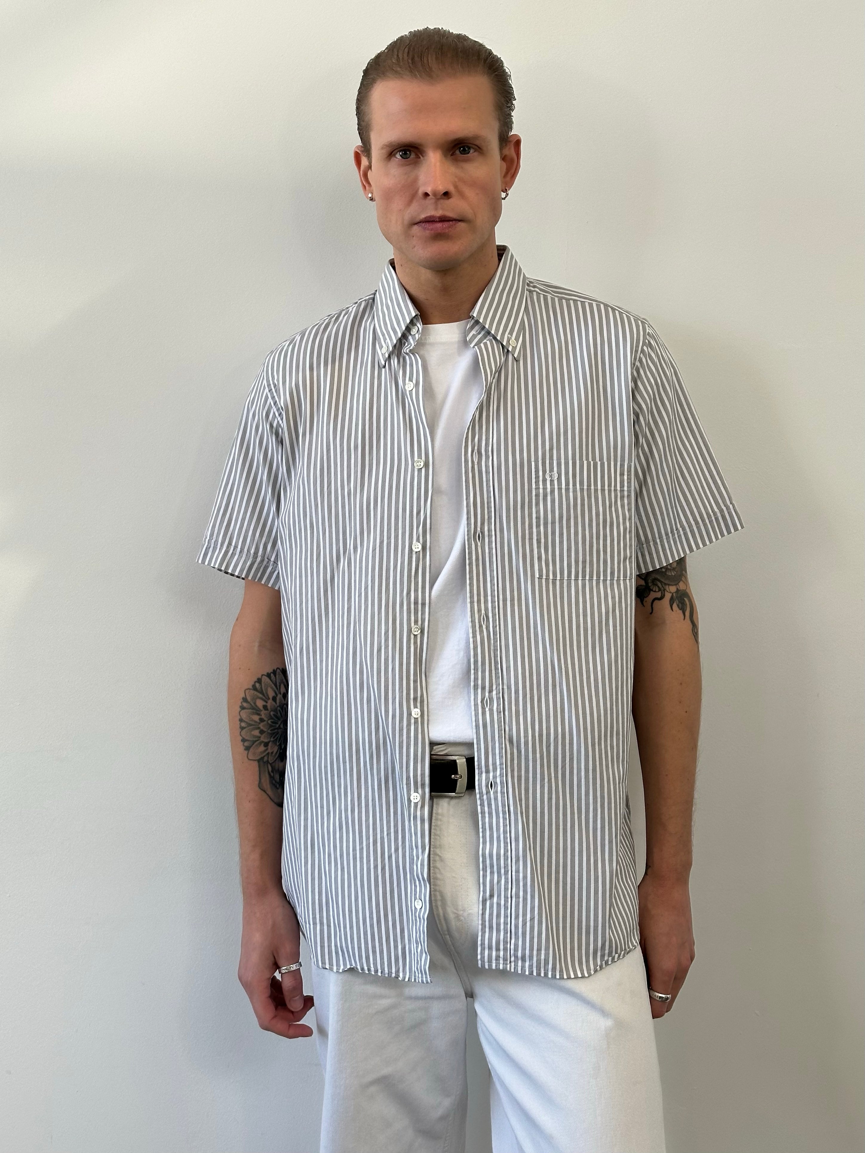 Christian Dior 1990s pure cotton striped short sleeve shirt, men's size M, stylish vintage designer shirt with blue and white stripes.