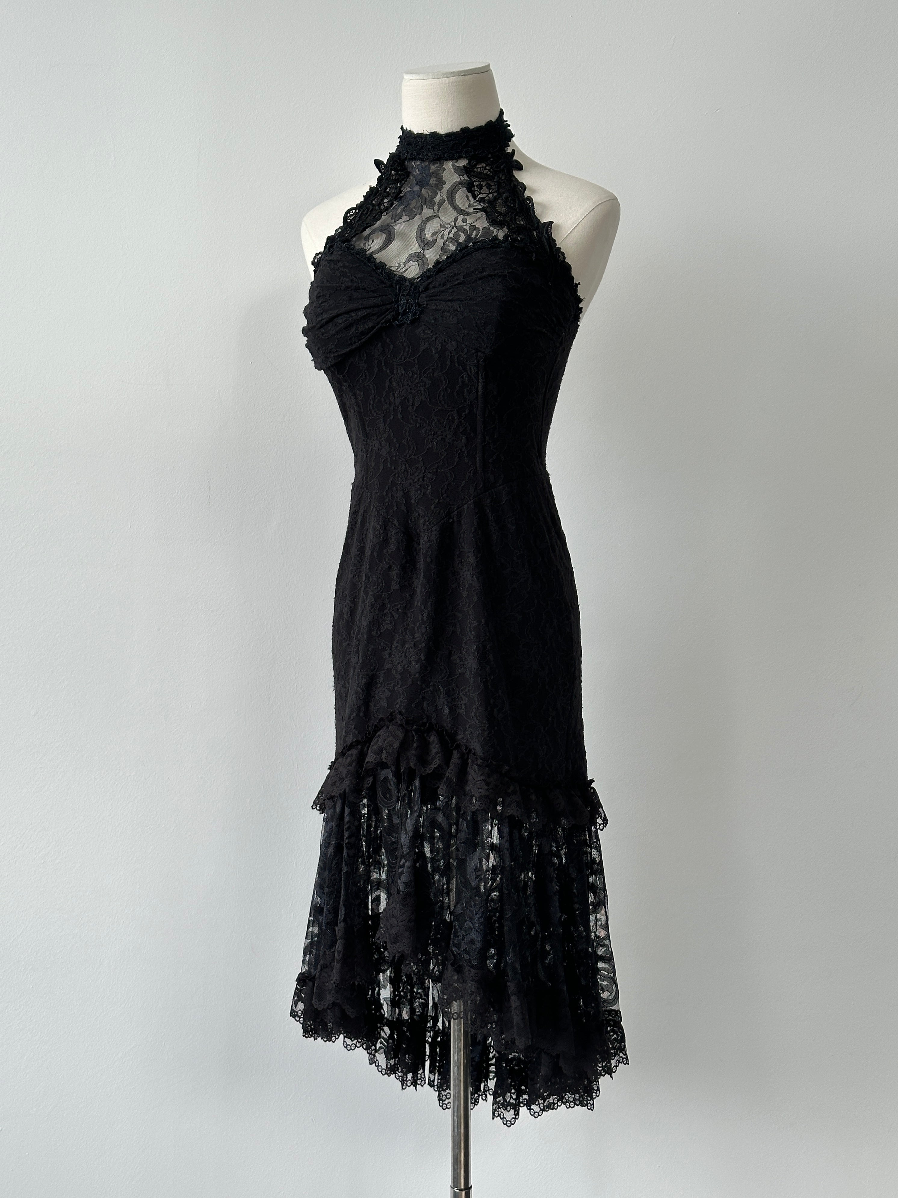Vintage 2000s Lace Halterneck Midi Dress - M