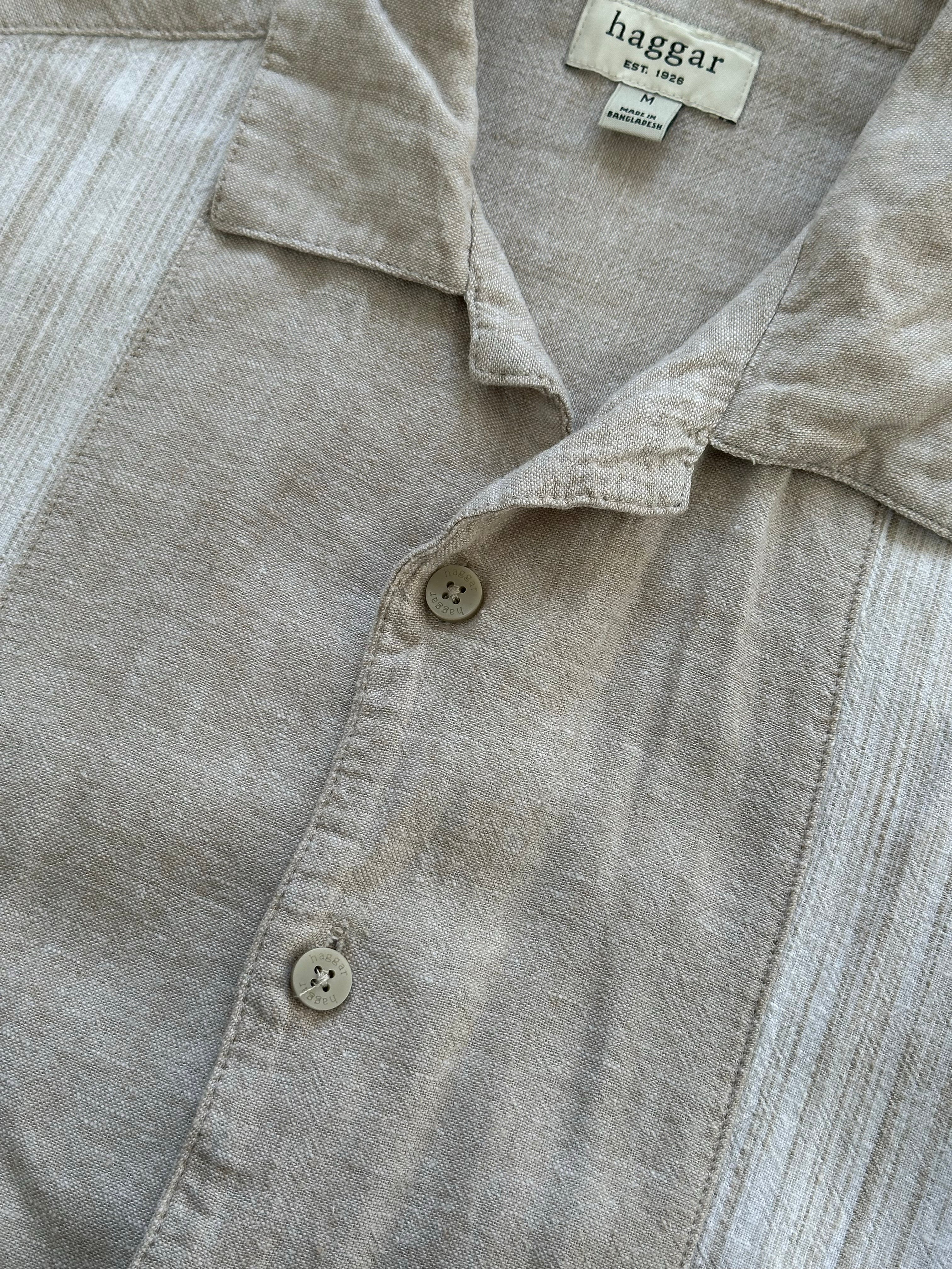 Vintage 2000s linen cotton short sleeve stripe shirt in size M, featuring classic casual style with blue and white horizontal stripes.