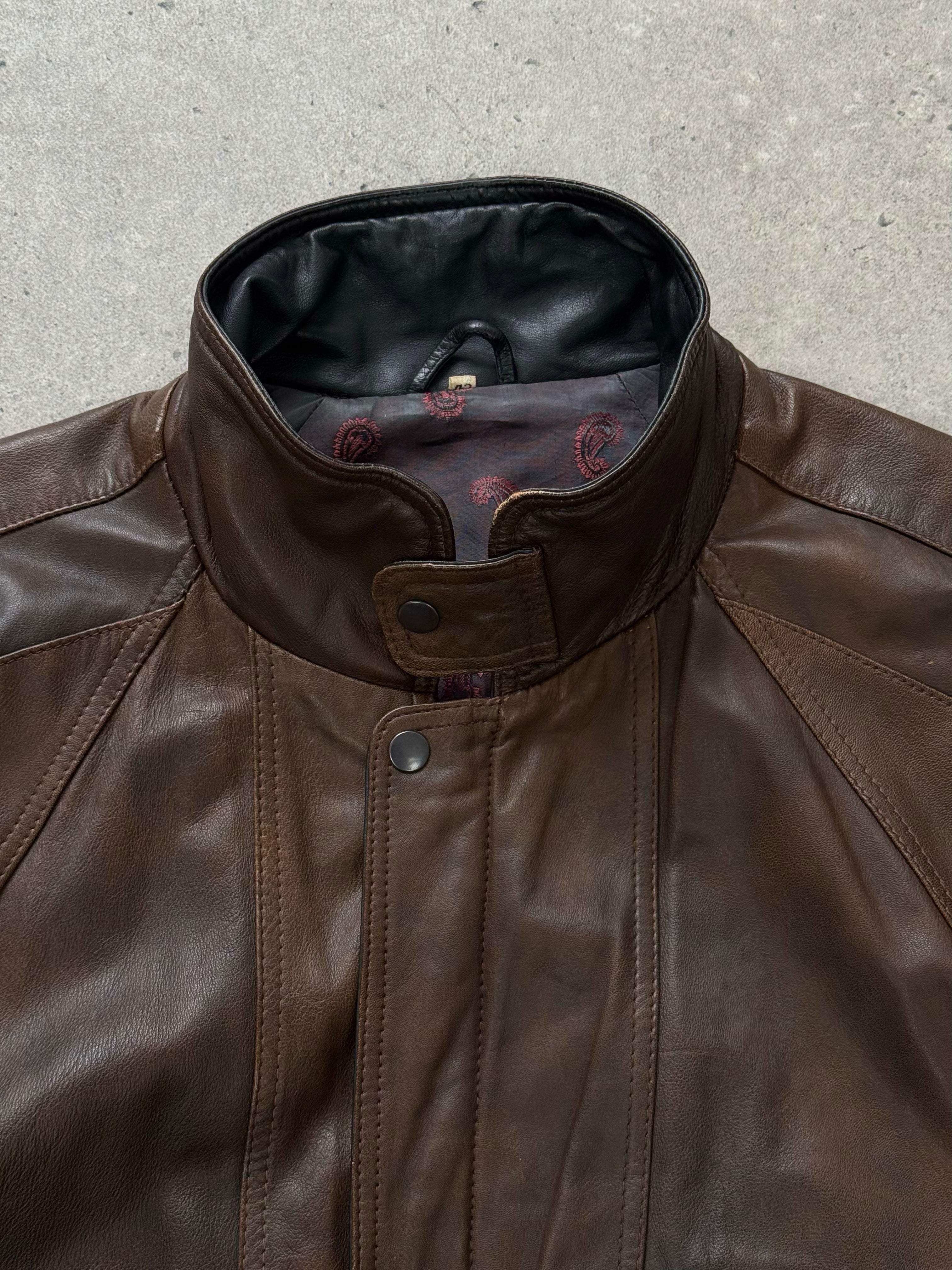 Vintage 1990s leather high neck bomber jacket in XL, featuring classic design and durable leather material.