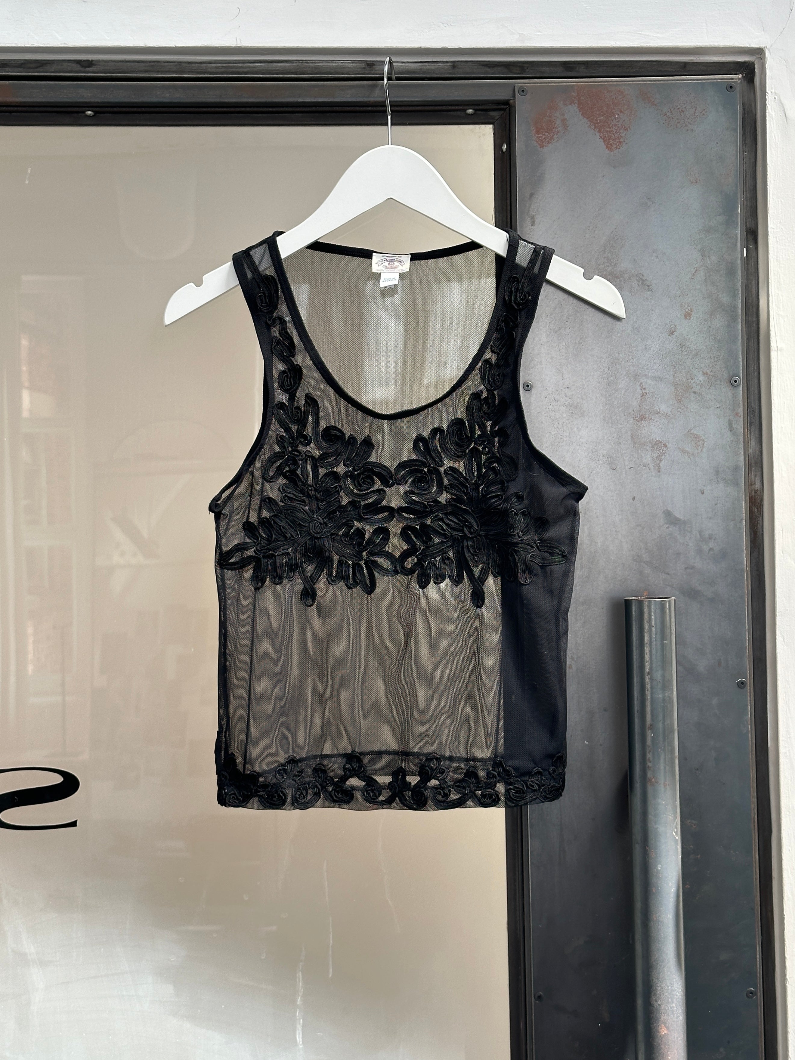 Armani Jeans sheer vest top with appliqué details, sleeveless design, and a fitted silhouette, size small.