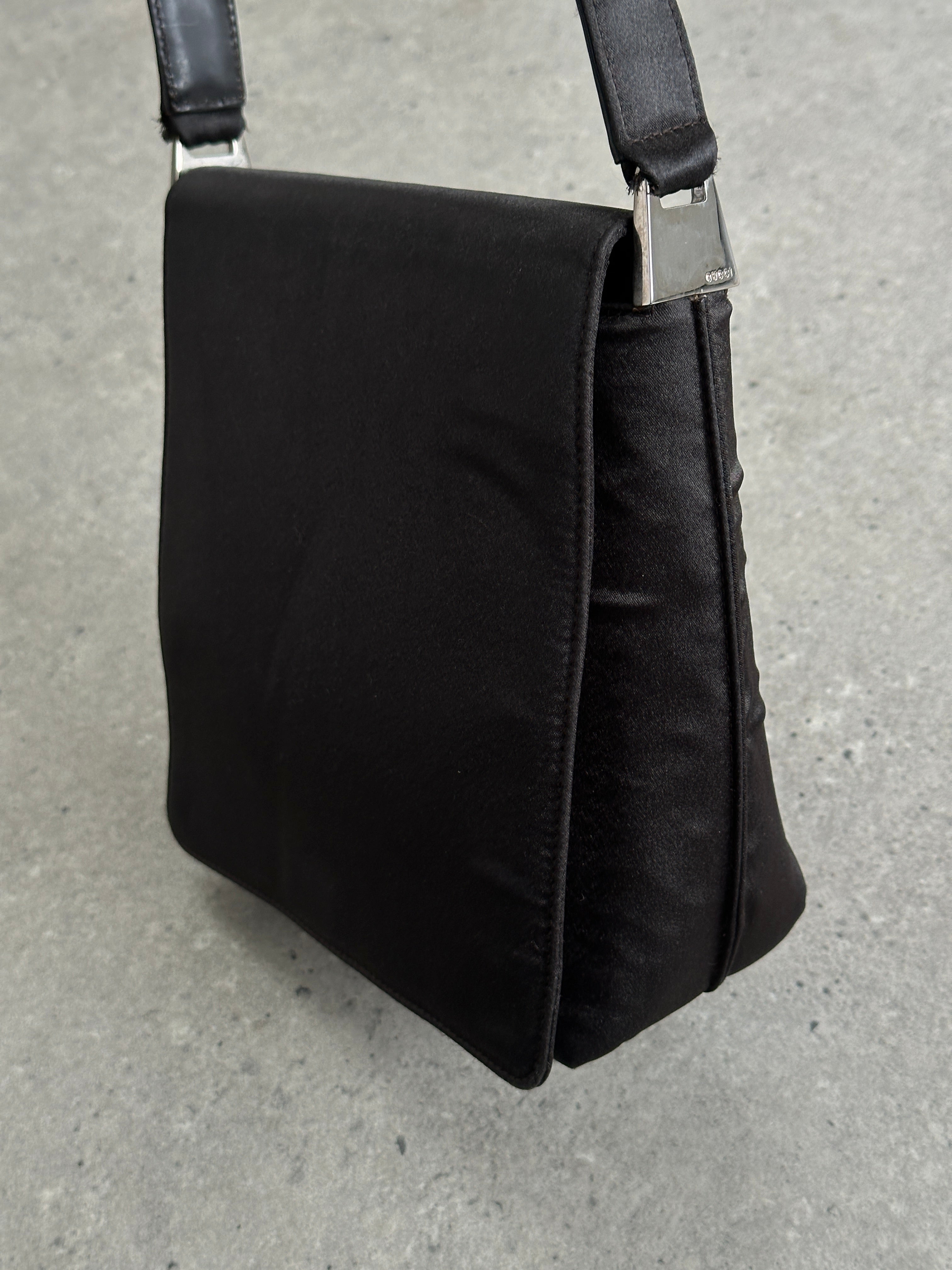 Gucci 2000s satin flap square shoulder bag with gold-tone hardware and adjustable strap, stylish vintage accessory.