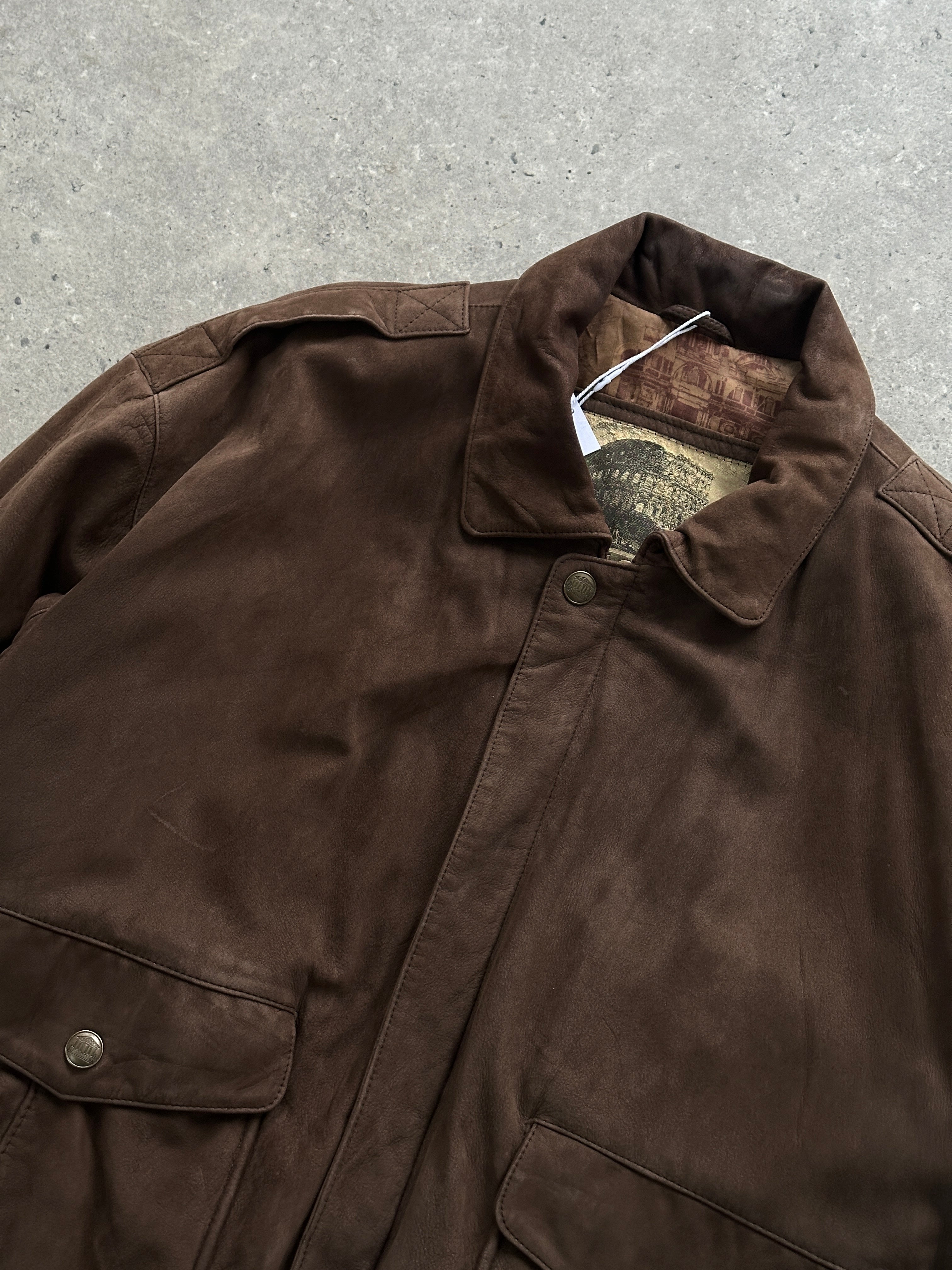 Vintage Nubuck Leather Bomber Jacket in size L, featuring classic design and soft textured leather visible in the image.