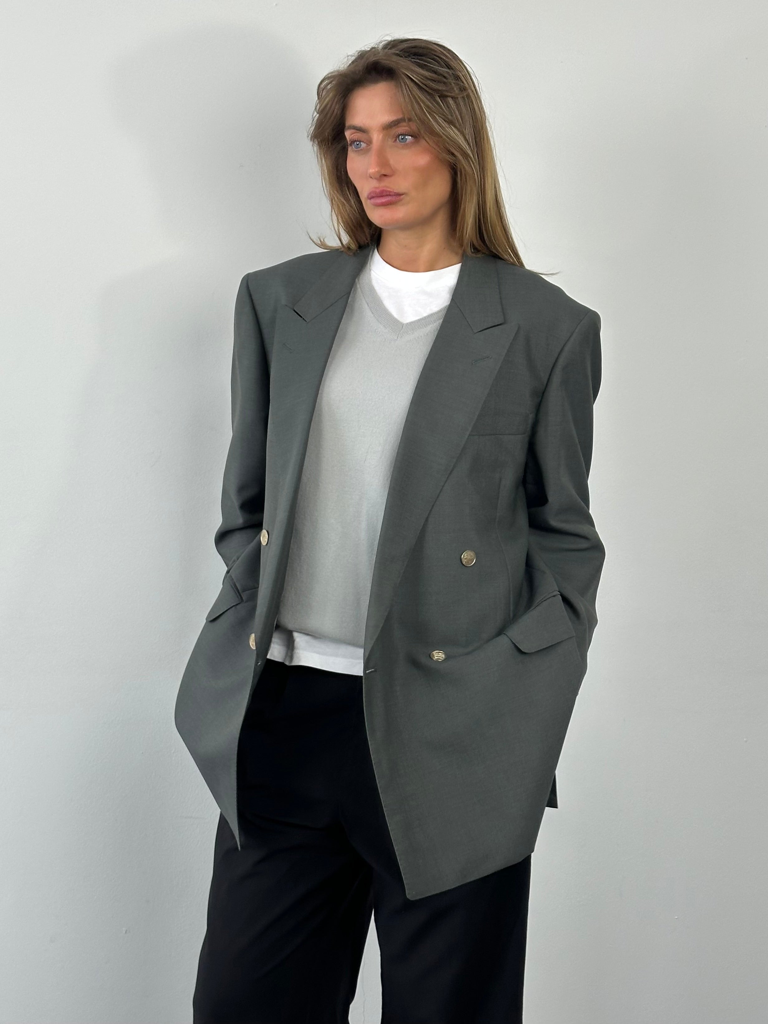 Burberry 1990s wool and mohair double-breasted blazer in XL, shown in a classic tailored style with structured lapels.