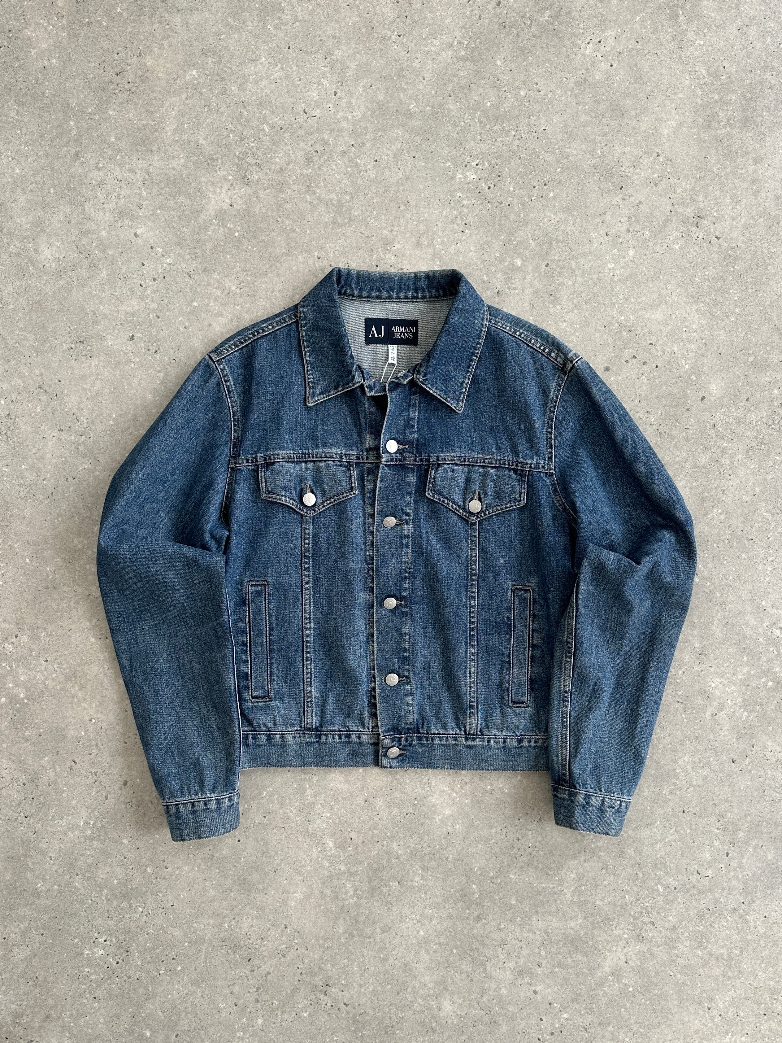Armani Jeans denim jacket in size M, shown with classic blue denim fabric and button-front design, casual and stylish outerwear.