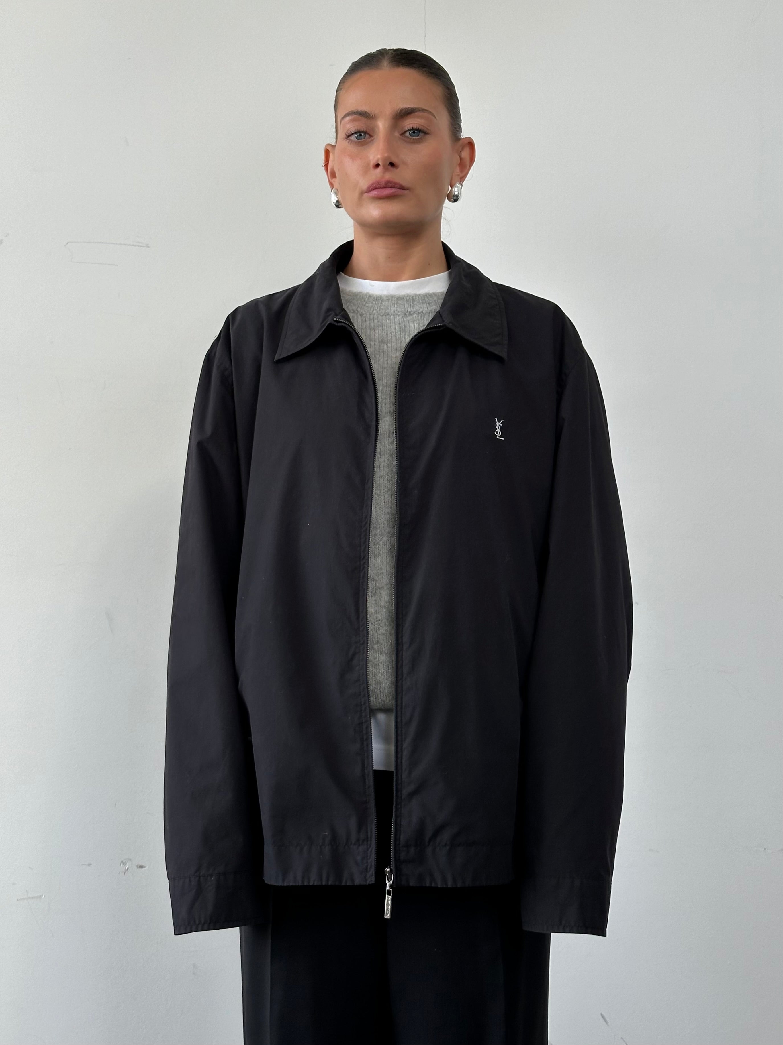 Yves Saint Laurent Pour Homme logo bomber jacket in XXL, black with YSL branding, stylish men's casual outerwear.