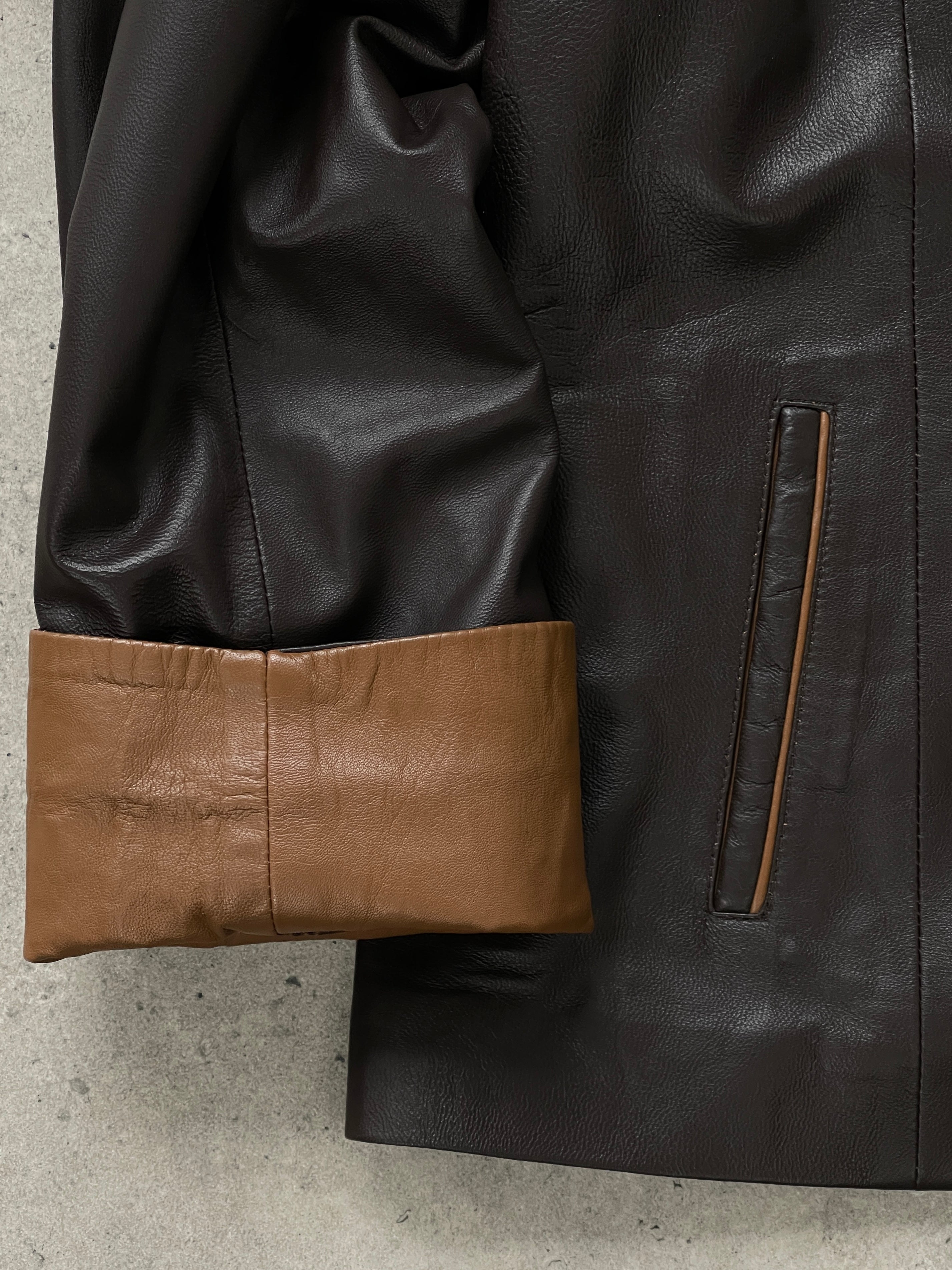Vintage 1990s high neck contrast leather jacket in XL, featuring classic design and textured leather from the Vintage brand.