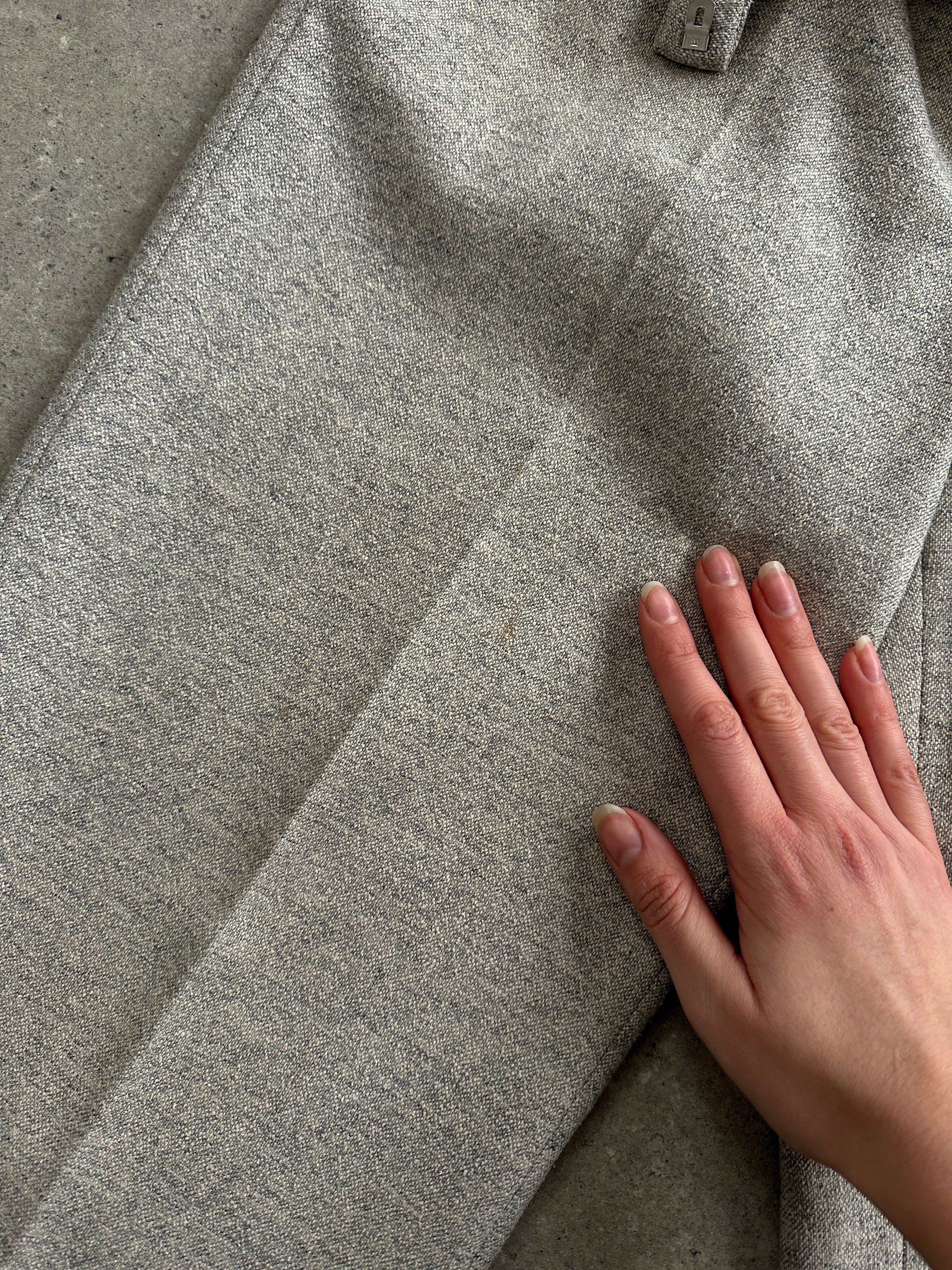 Jaeger wool silk mid-waist straight leg trousers in size W28, shown on a hanger with a neutral background.