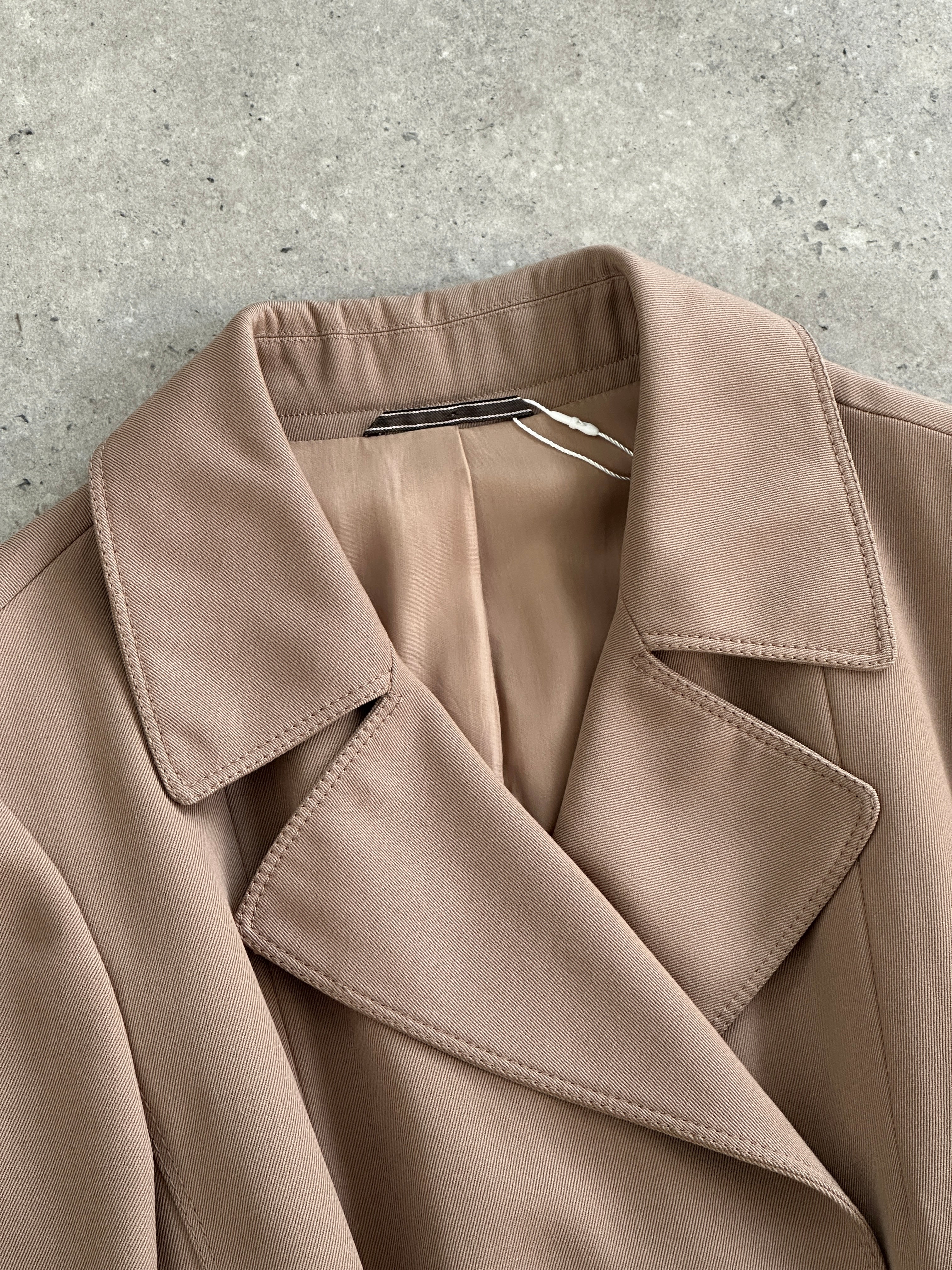 Vintage pure virgin wool double-breasted belted trench coat in classic beige, shown on a hanger.