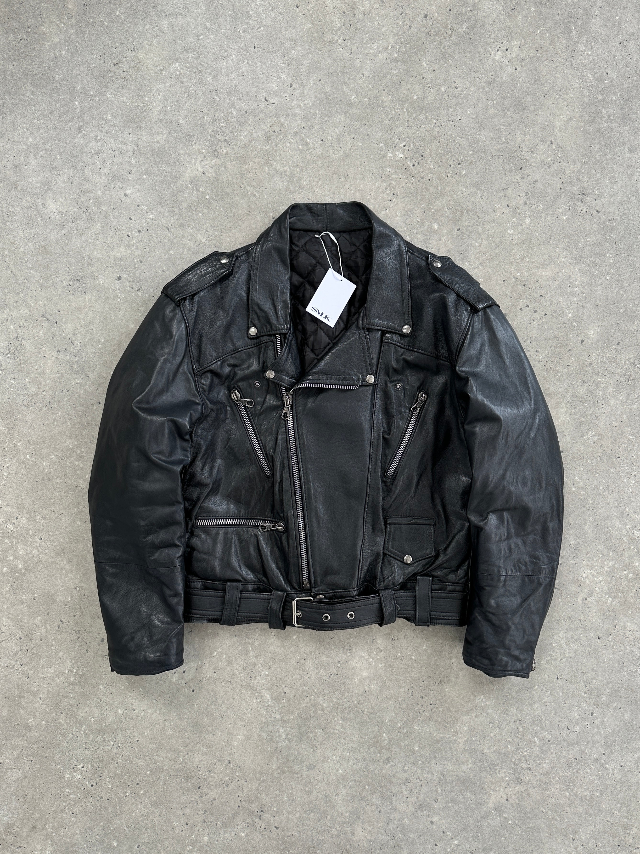 Vintage Leather Biker Jacket in size M/L, featuring classic design, distressed leather, and metal hardware details.