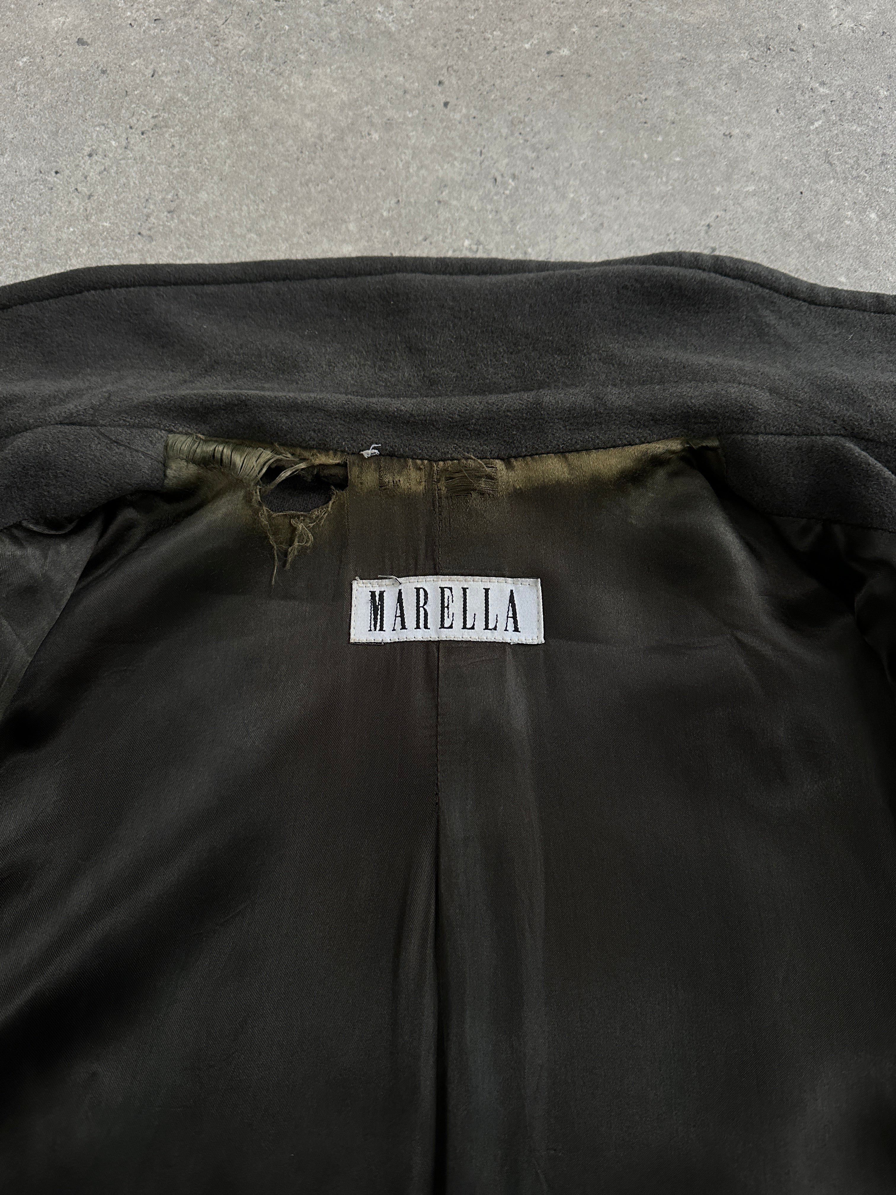 Marella 1990s virgin wool double-breasted coat in size L/XL, shown hanging with classic lapels and tailored fit.