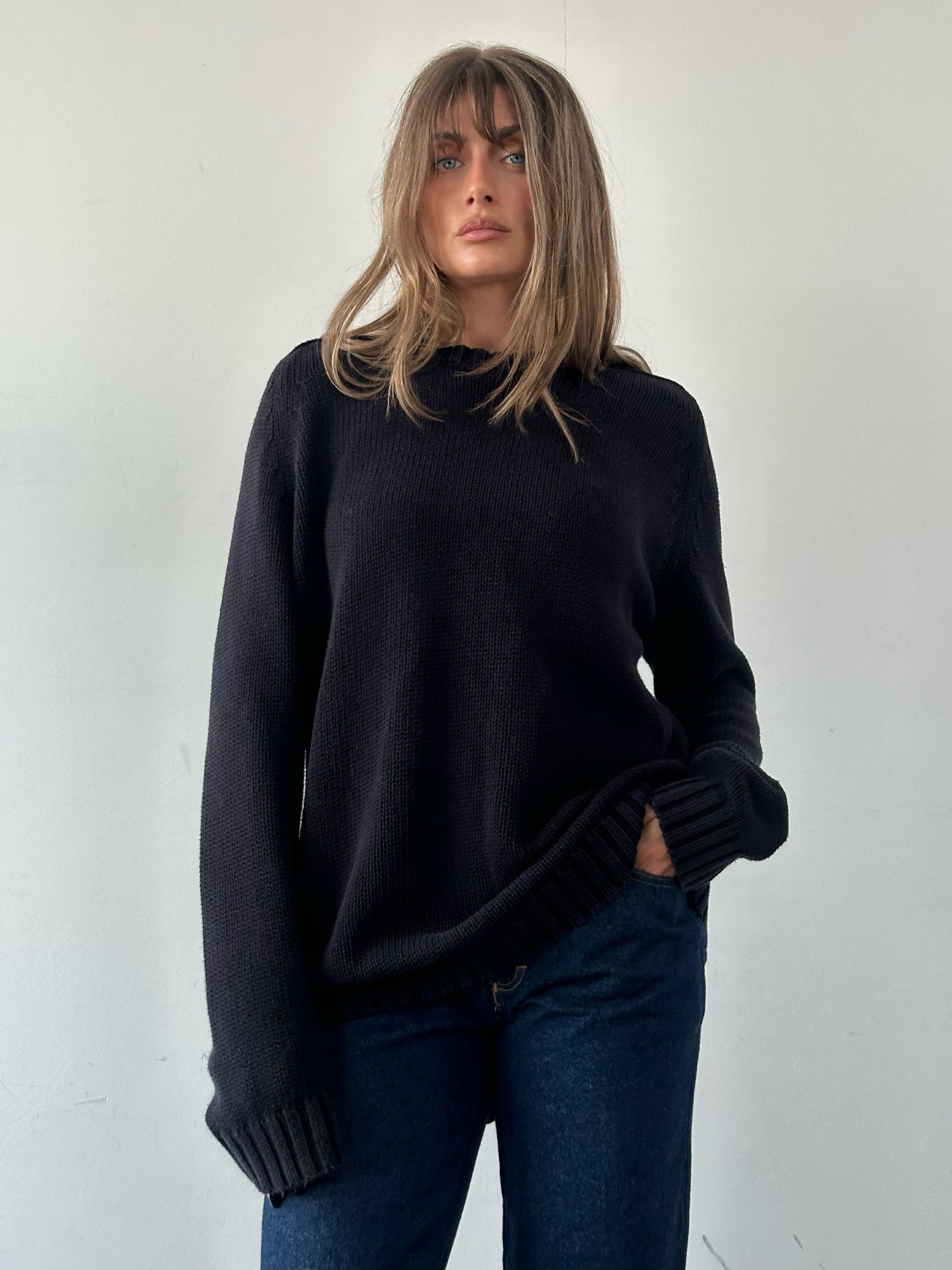 Yves Saint Laurent pure cotton knitted logo jumper in XXL with ribbed cuffs and a subtle YSL logo on the chest.
