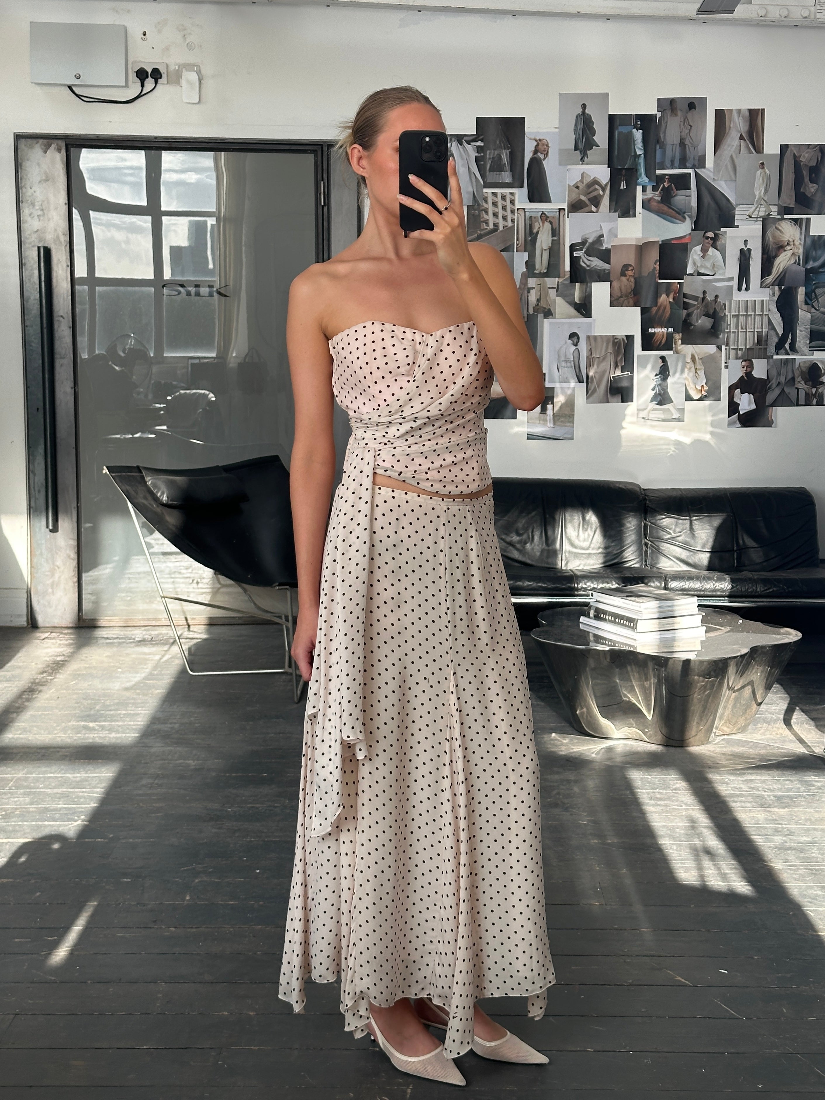 Jaeger 2000s Pure Silk Polkadot Two Piece Skirt Top Set - L/W28 - SYLK