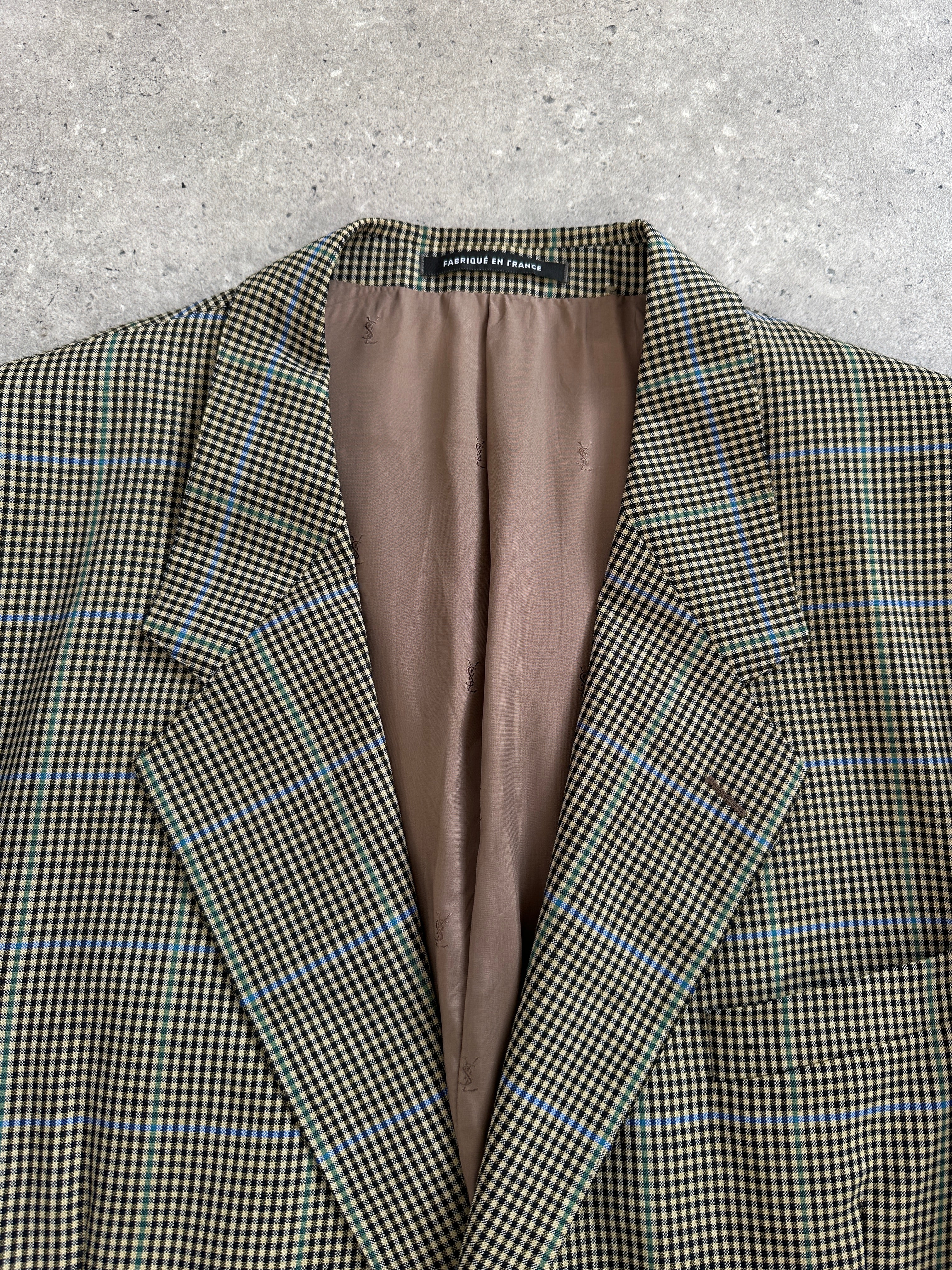 Yves Saint Laurent men's wool check blazer, single-breasted, 44R/XL size, classic 1990s style with tailored fit and notch lapels.