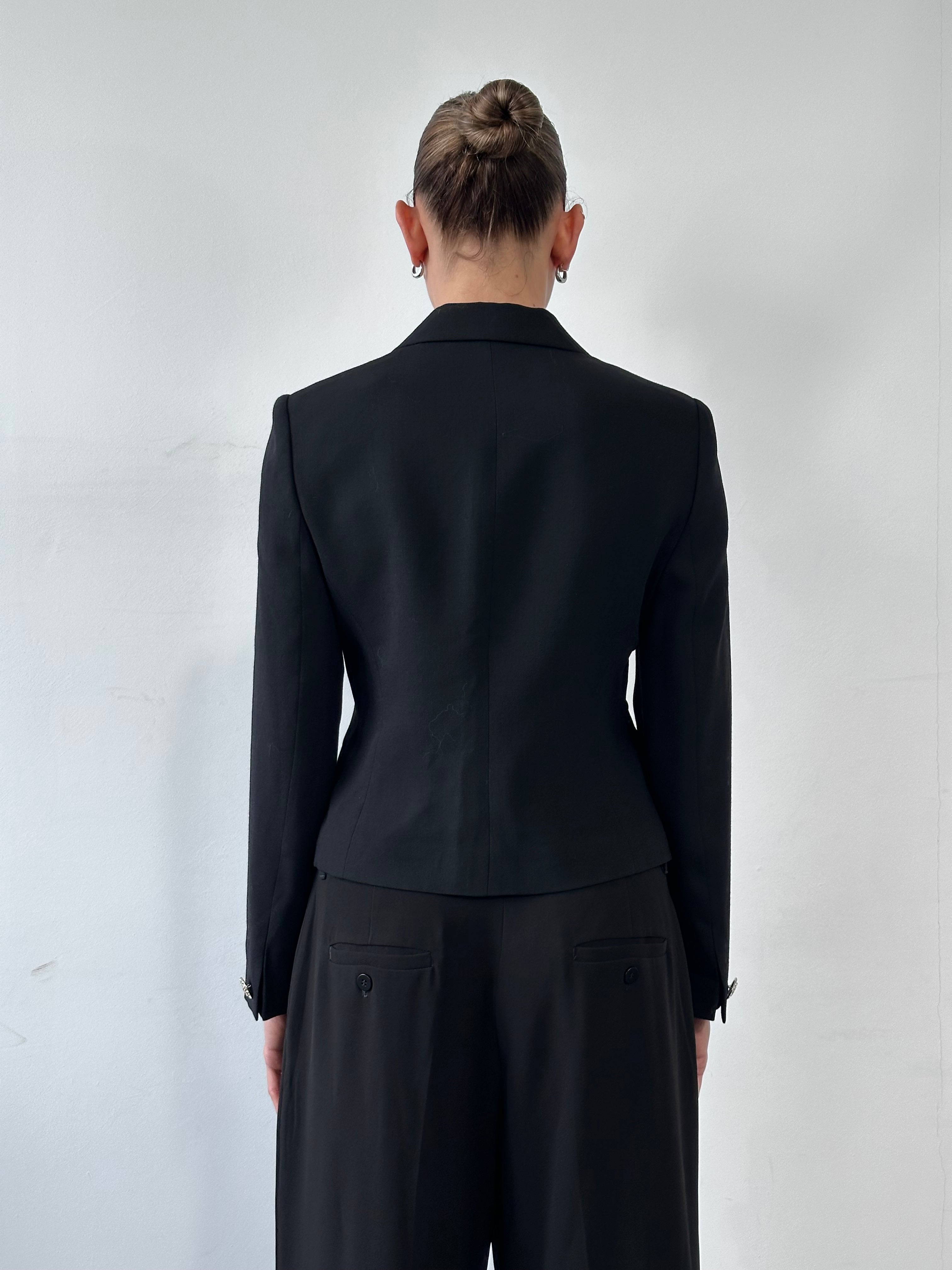 Versace Classic V2 90s fitted wool blazer with rhinestone buttons, in S/M size, stylish and tailored for a sophisticated look.