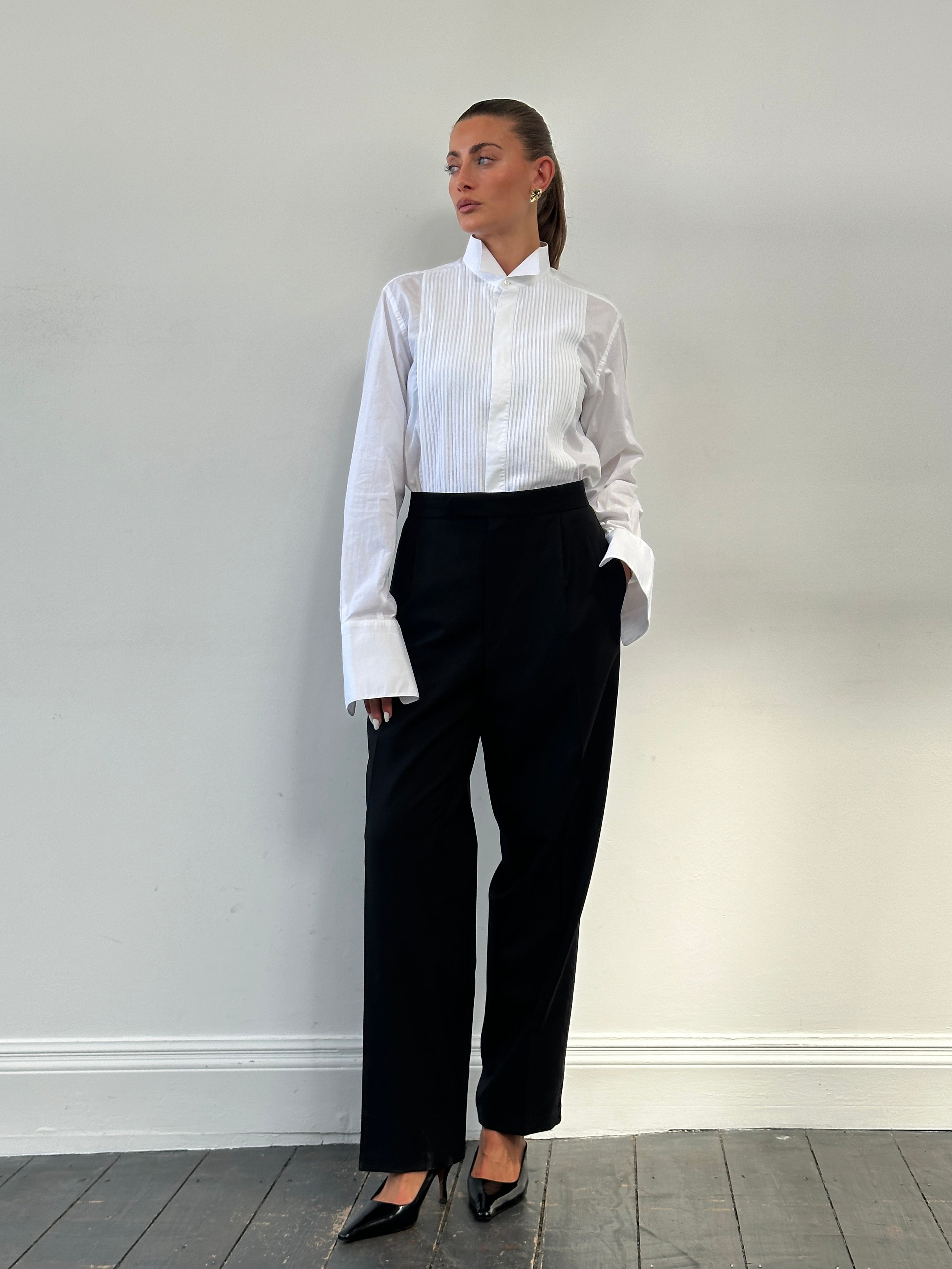 Vintage wing collar tuxedo dress shirt, size large, featuring classic formal style and crisp white fabric.