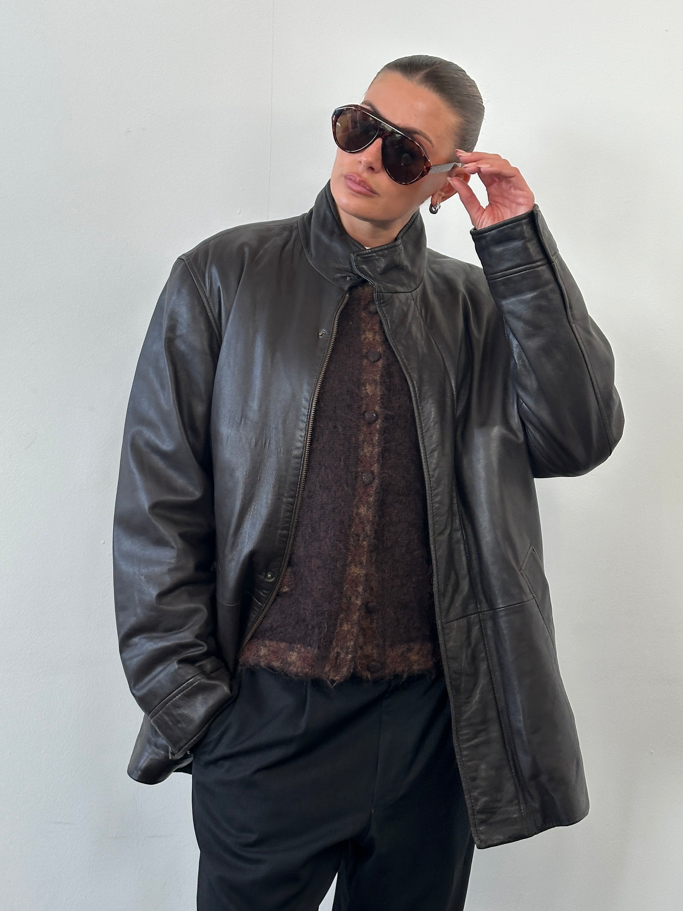 Jaeger 1990s Concealed Placket High Neck Leather Jacket - XL - SYLK