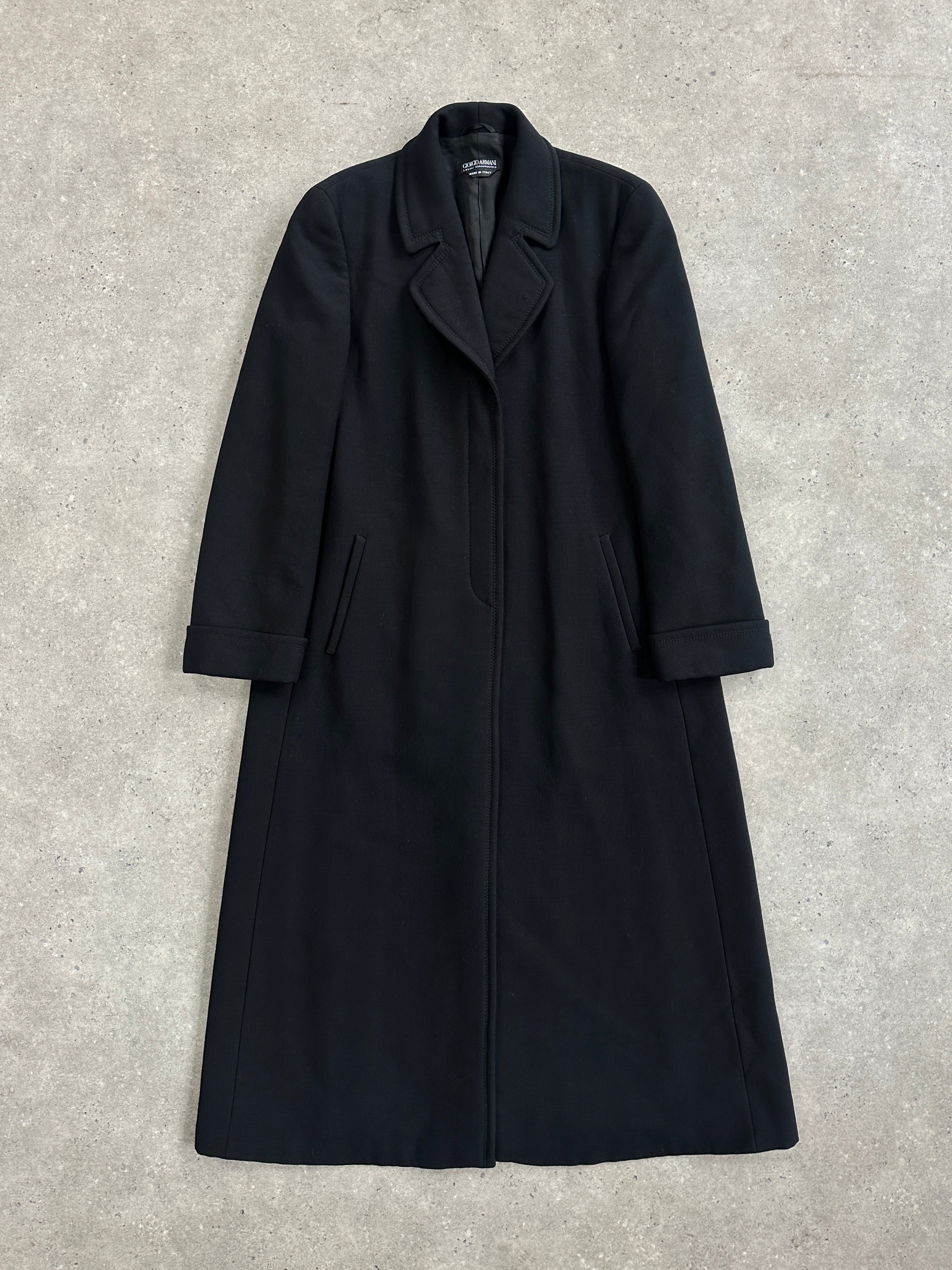 Giorgio Armani 1990s pure wool floor-length coat in classic beige, tailored with a structured fit and elegant collar.