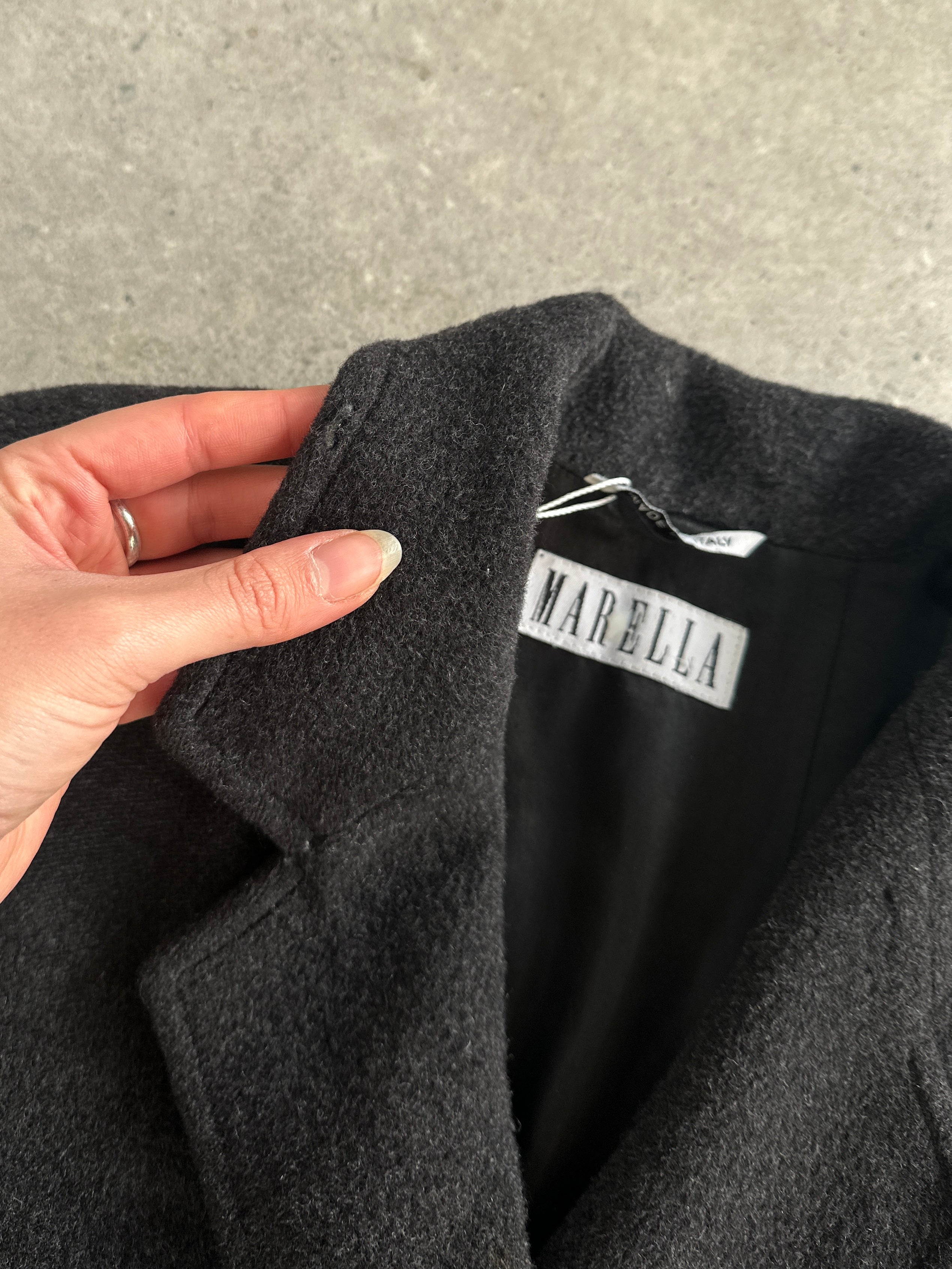Marella wool cashmere double-breasted floor-length coat in XL, featuring classic design and tailored fit, displayed on a hanger.