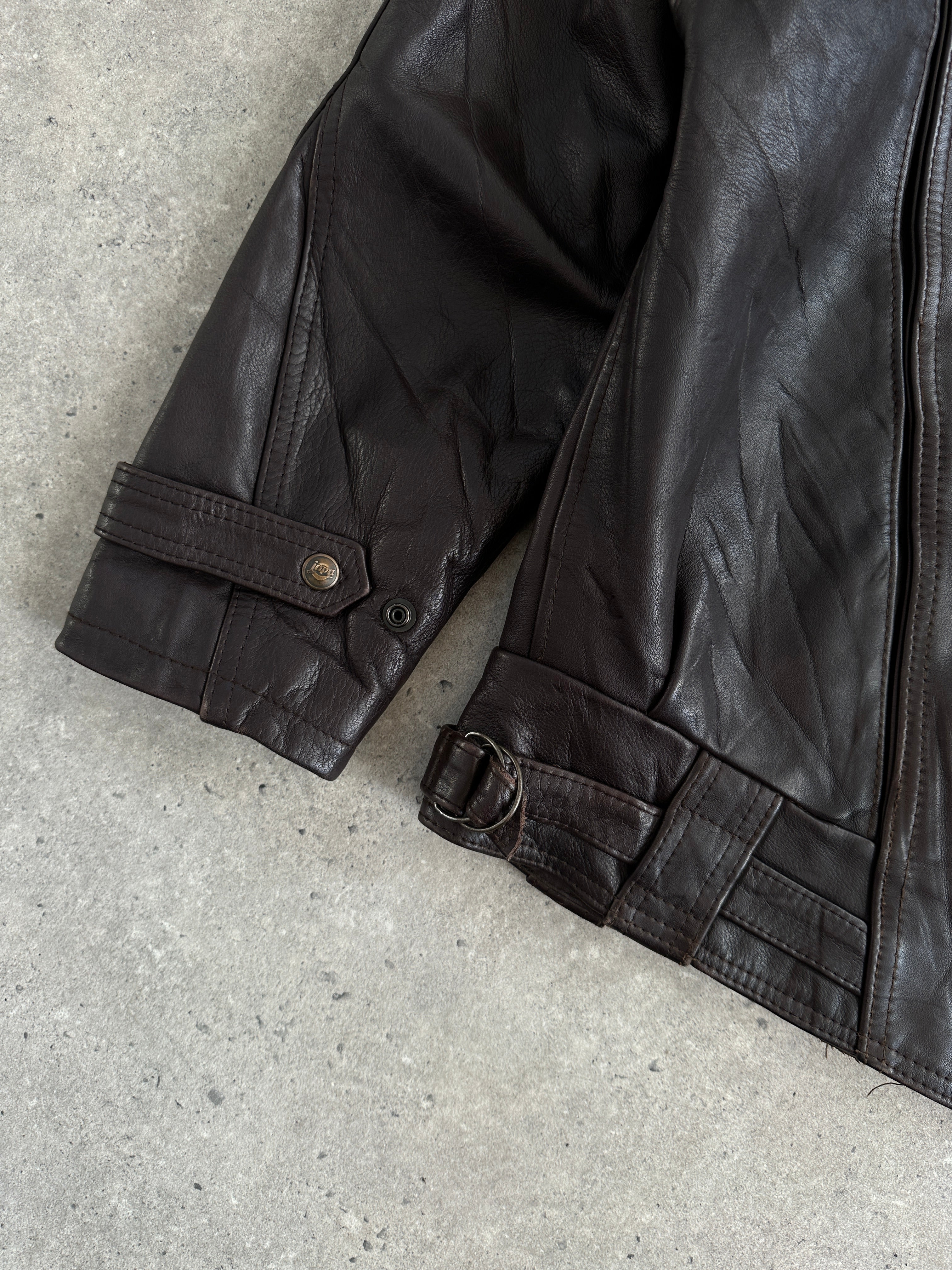 Vintage French 1980s high neck leather bomber jacket, size L, with classic vintage design and detailed leather stitching.