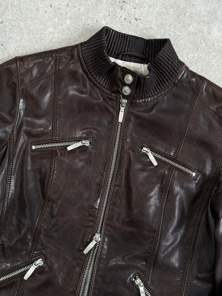 Vintage Double Zip Fitted Biker Leather Jacket - XS/S - SYLK