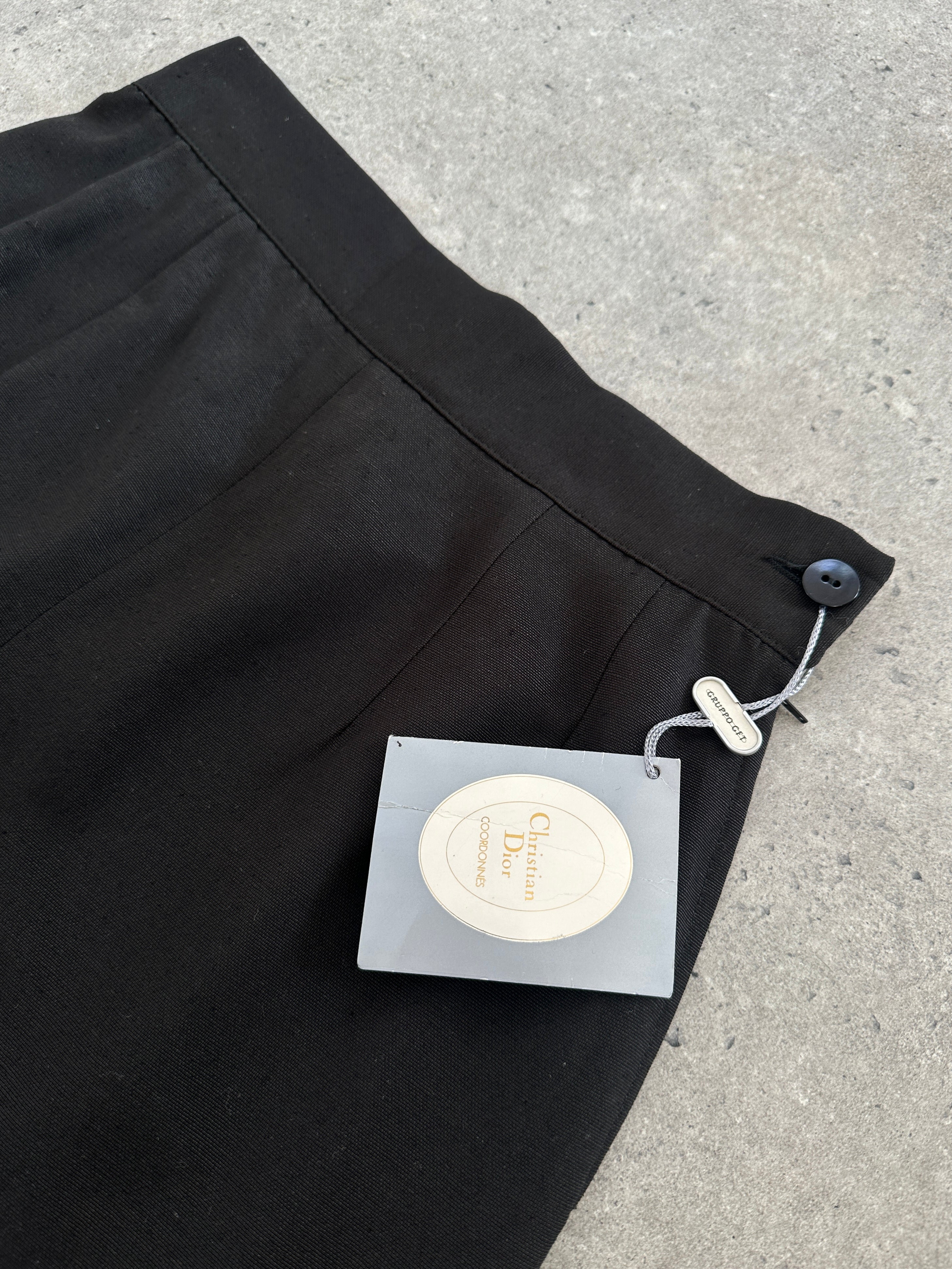 Christian Dior 1990s silk tapered leg trousers in W24, featuring a classic high-waist design and elegant tailored fit.