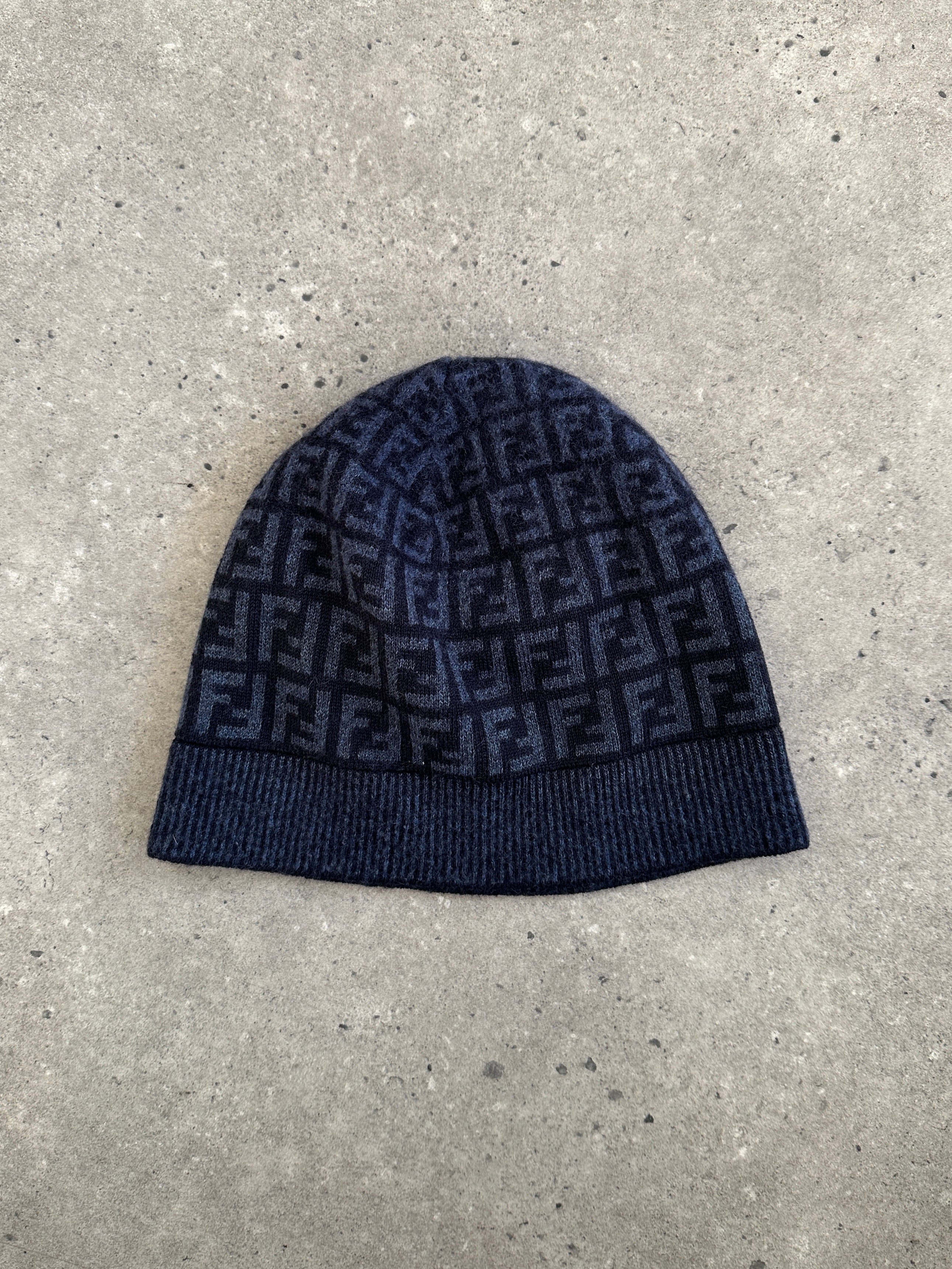 Fendi FF monogram print beanie hat in soft knit fabric, featuring the iconic logo pattern and a snug, stylish fit.