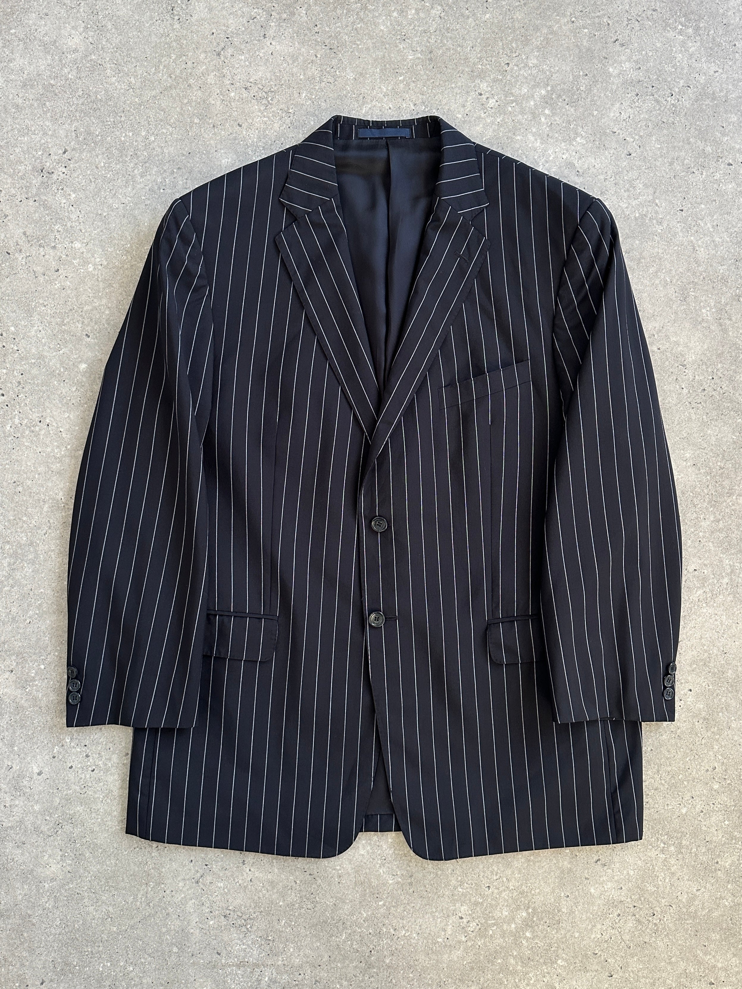 Versace Collection stripe pure wool single-breasted blazer in size 44R/XL, featuring a tailored fit and classic design.
