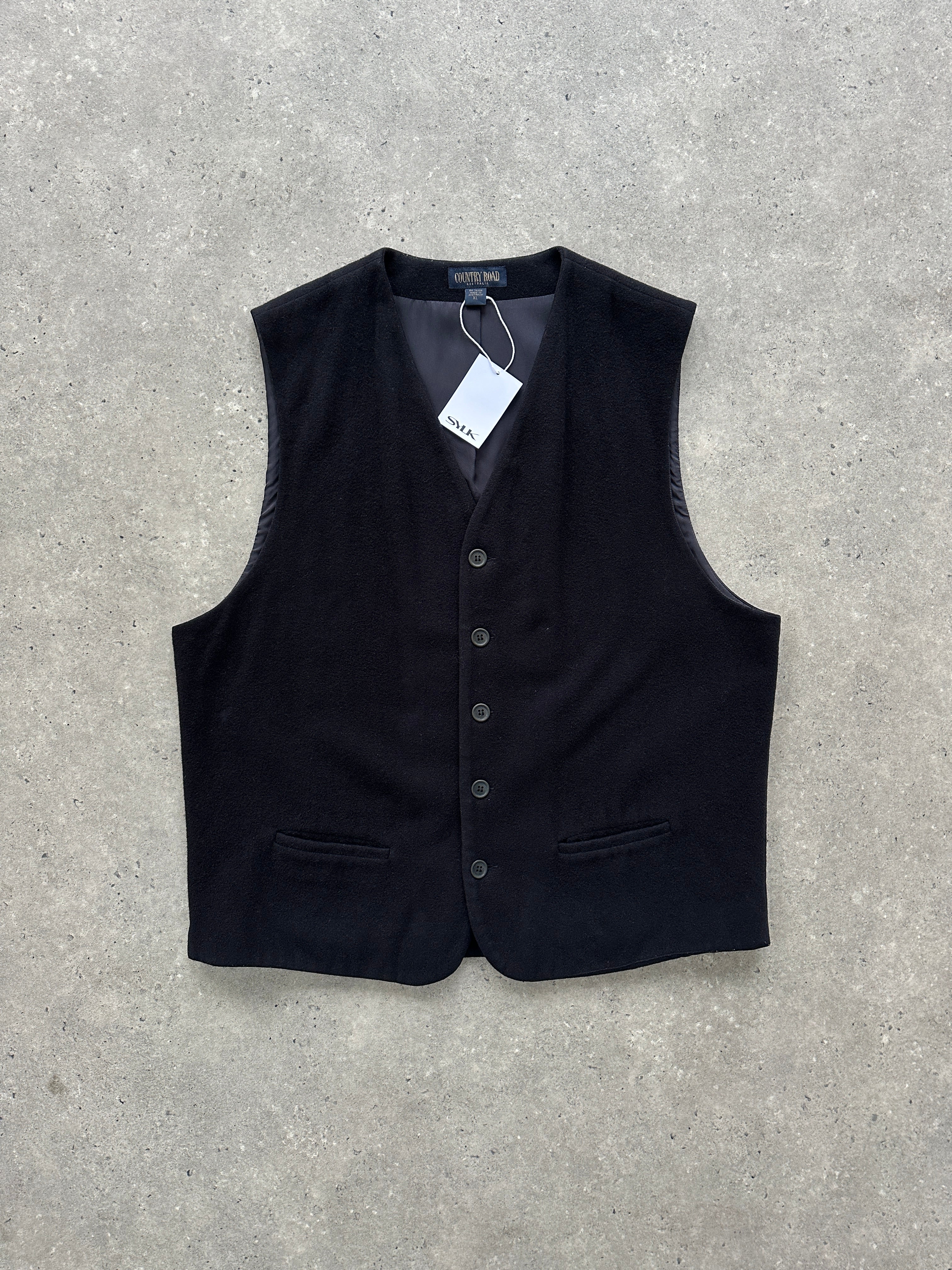 Vintage wool cashmere single-breasted waistcoat in XL with classic tailored fit and textured fabric, ideal for sophisticated style.