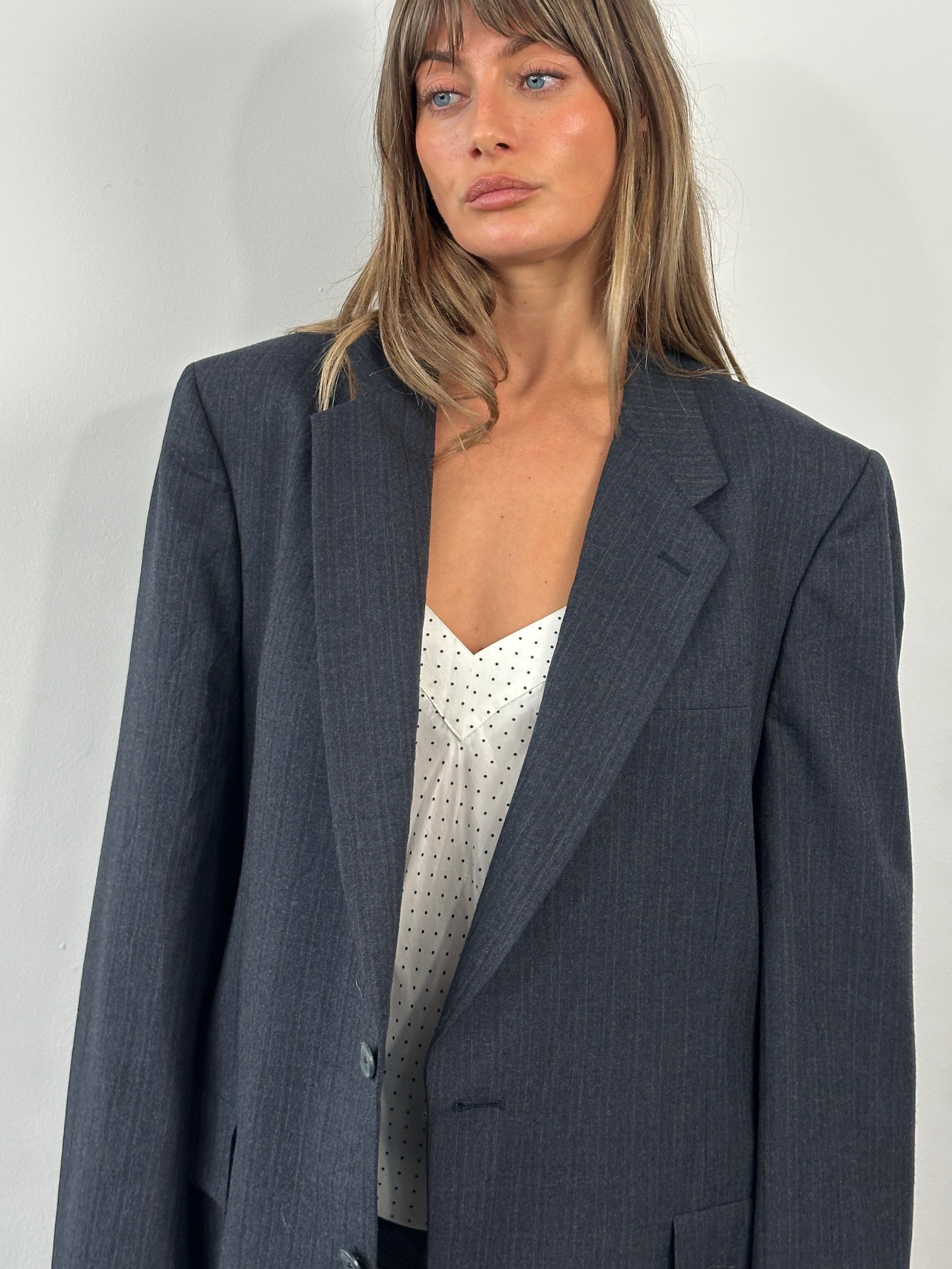 Christian Dior Monsieur 1980s pure wool stripe blazer, size 44R/XL, featuring classic tailored fit and bold striped pattern.
