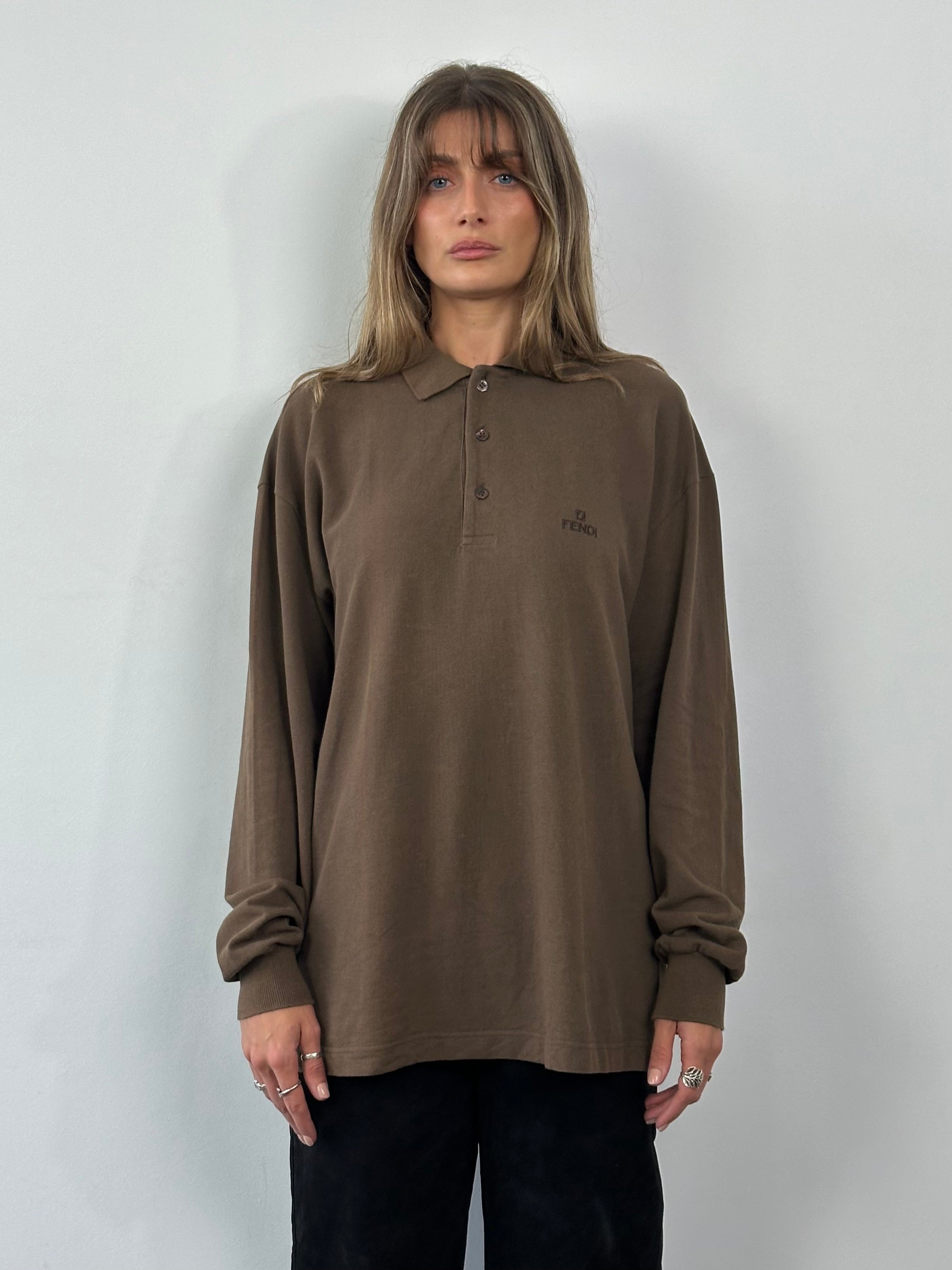 Fendi cotton logo polo jumper in size L/XL, featuring a classic collar, Fendi branding, and a sleek, comfortable fit.