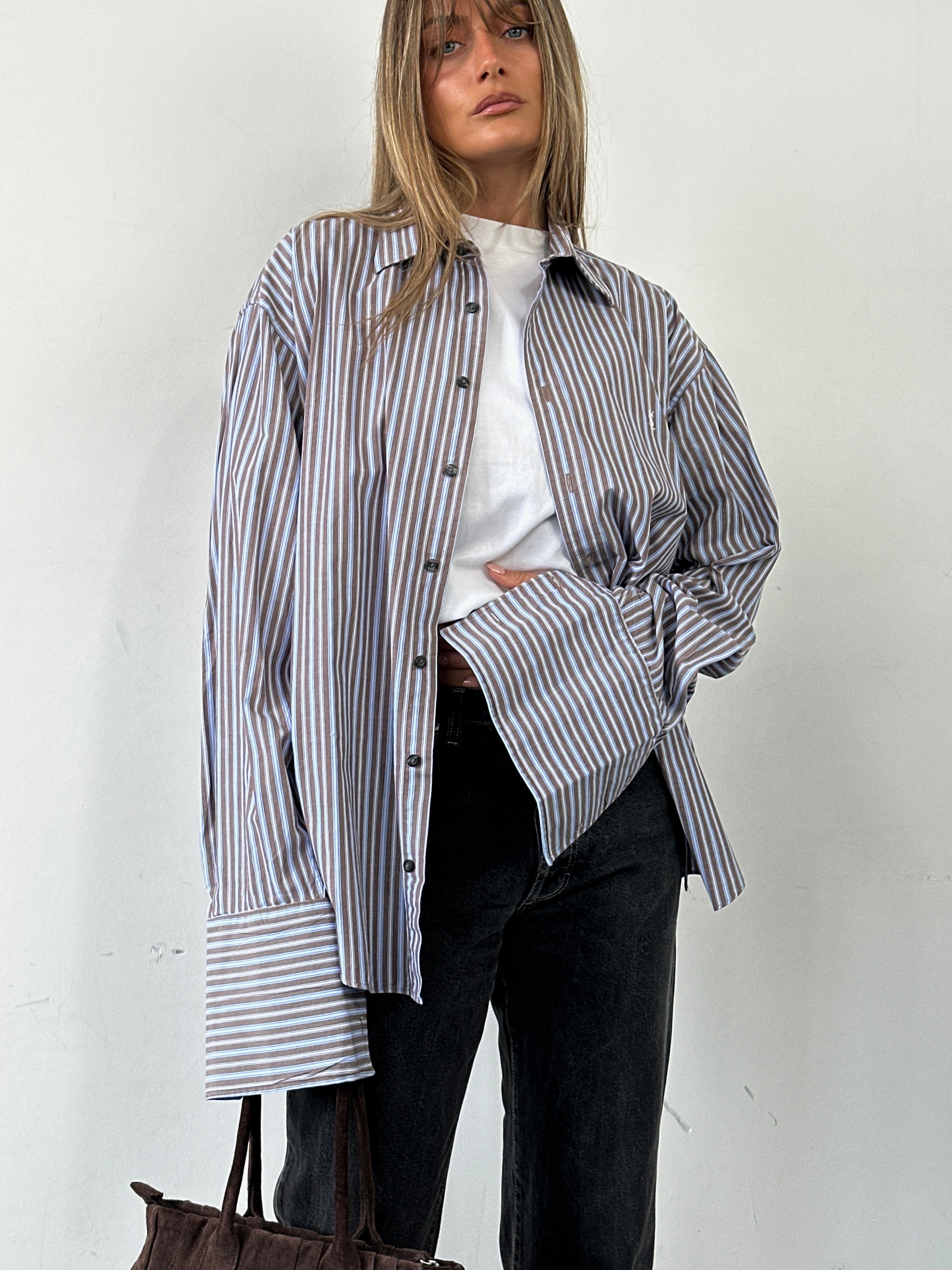 Yves Saint Laurent Pour Homme pure cotton dress shirt in XL/XXL with white and blue stripes and YSL logo detailing.