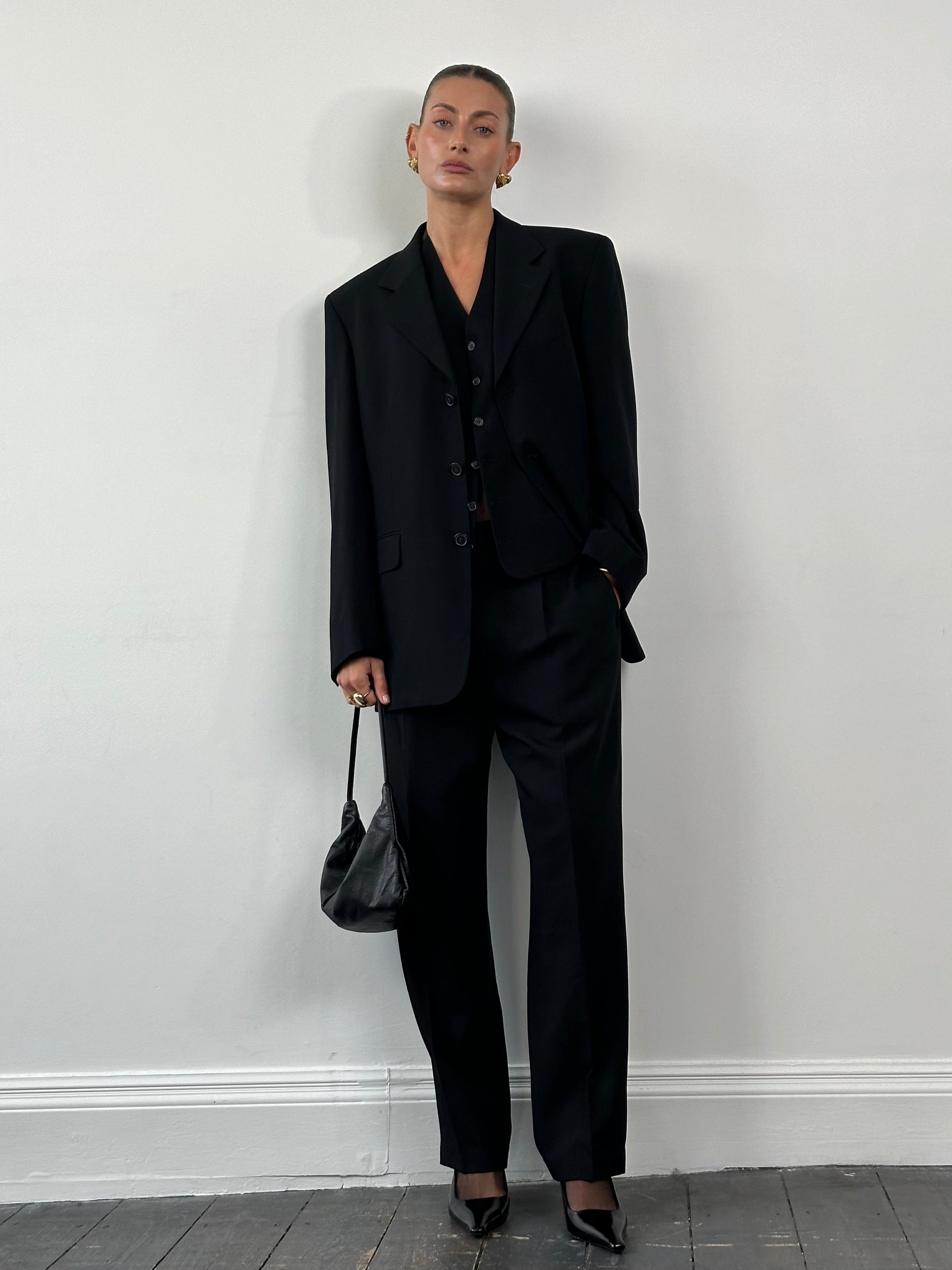 Yves Saint Laurent Pour Homme 1990s pure wool three-piece suit in size 40R/W32, featuring a tailored jacket, vest, and trousers.