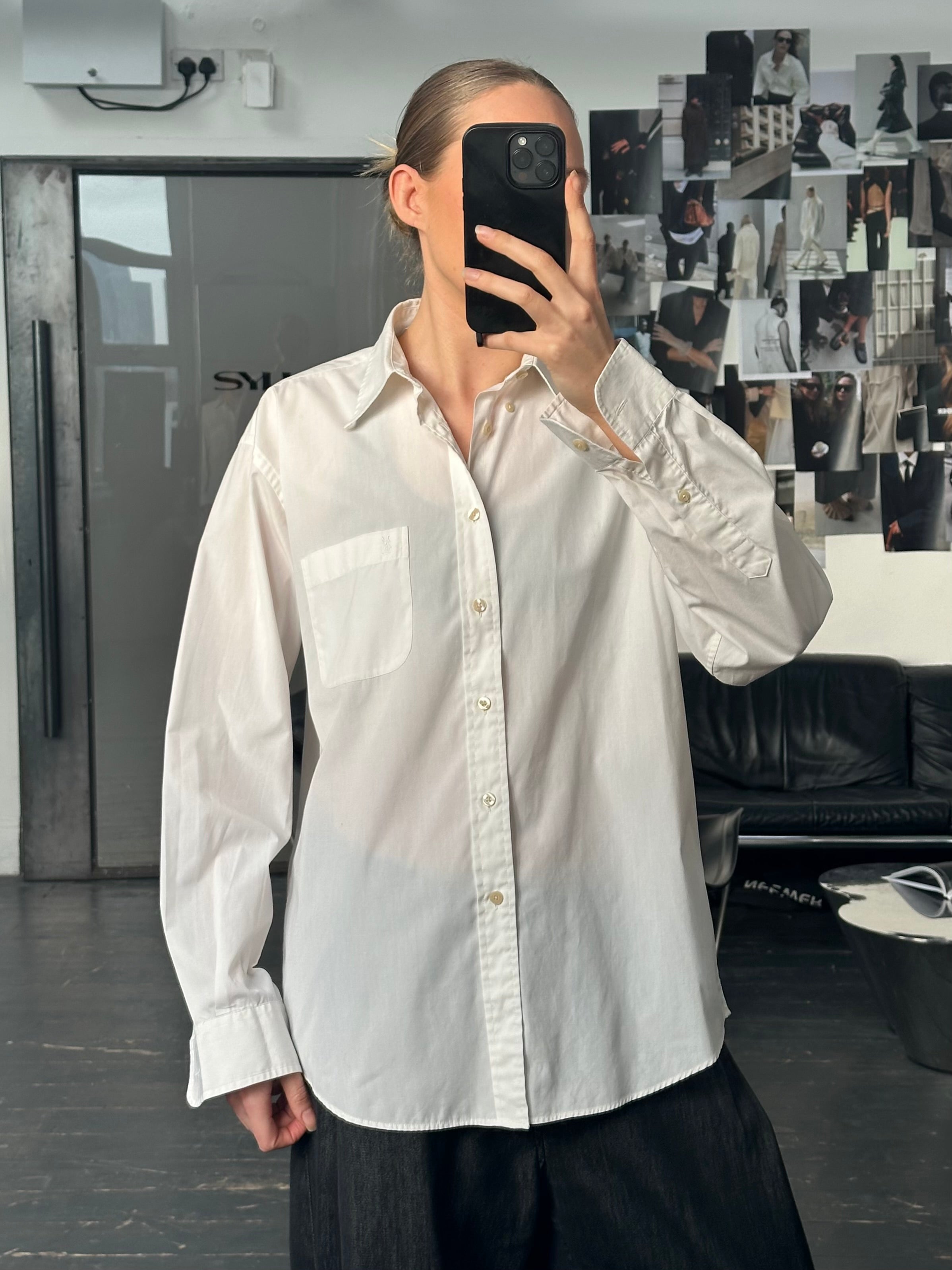 Yves Saint Laurent Pour Homme 1990s cotton logo shirt, men's size M, featuring classic YSL branding and a sleek, stylish fit.