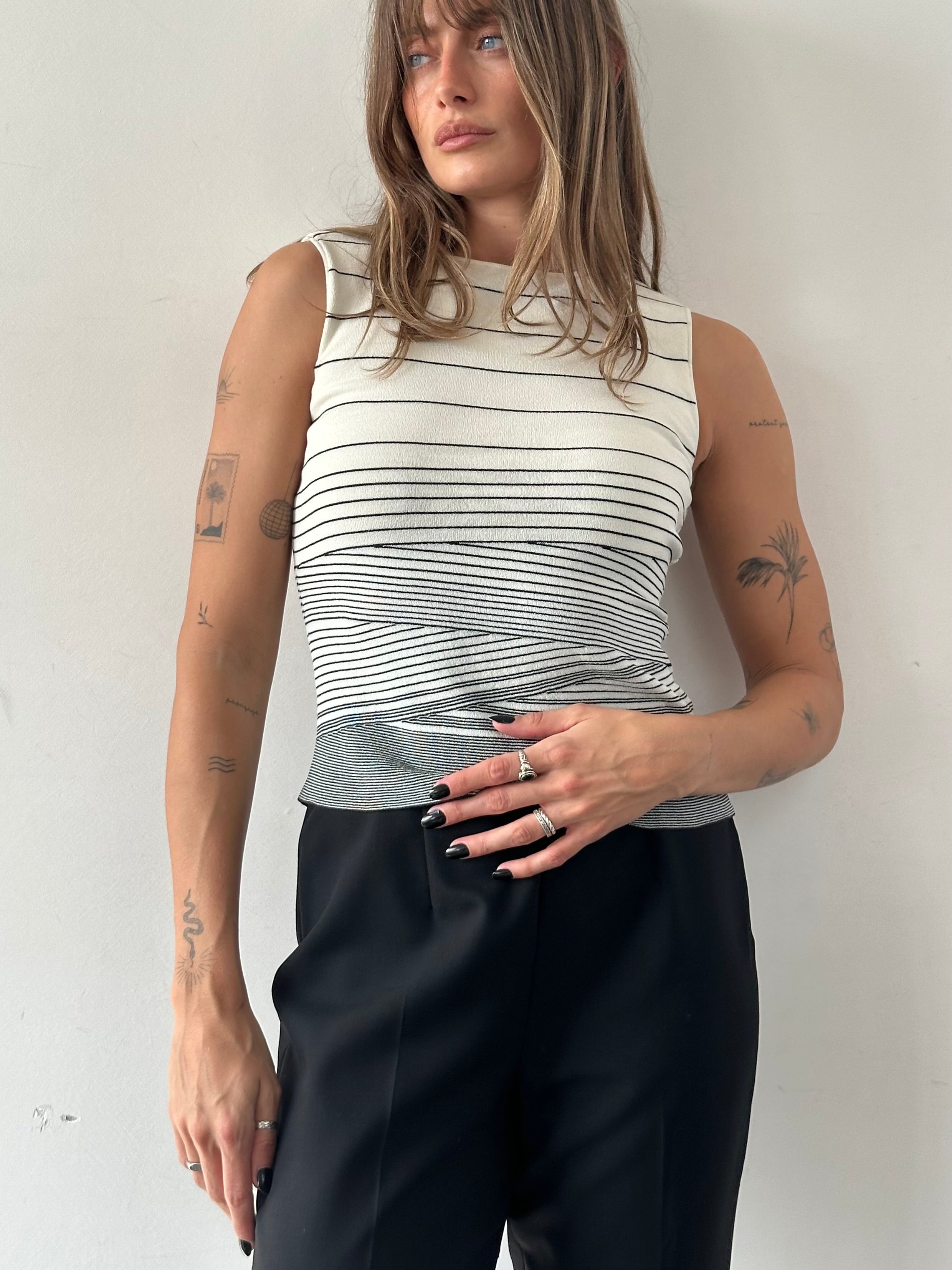 Valentino silk asymmetric stripe vest top in XS, featuring a stylish design and bold color pattern, displayed on a plain background.