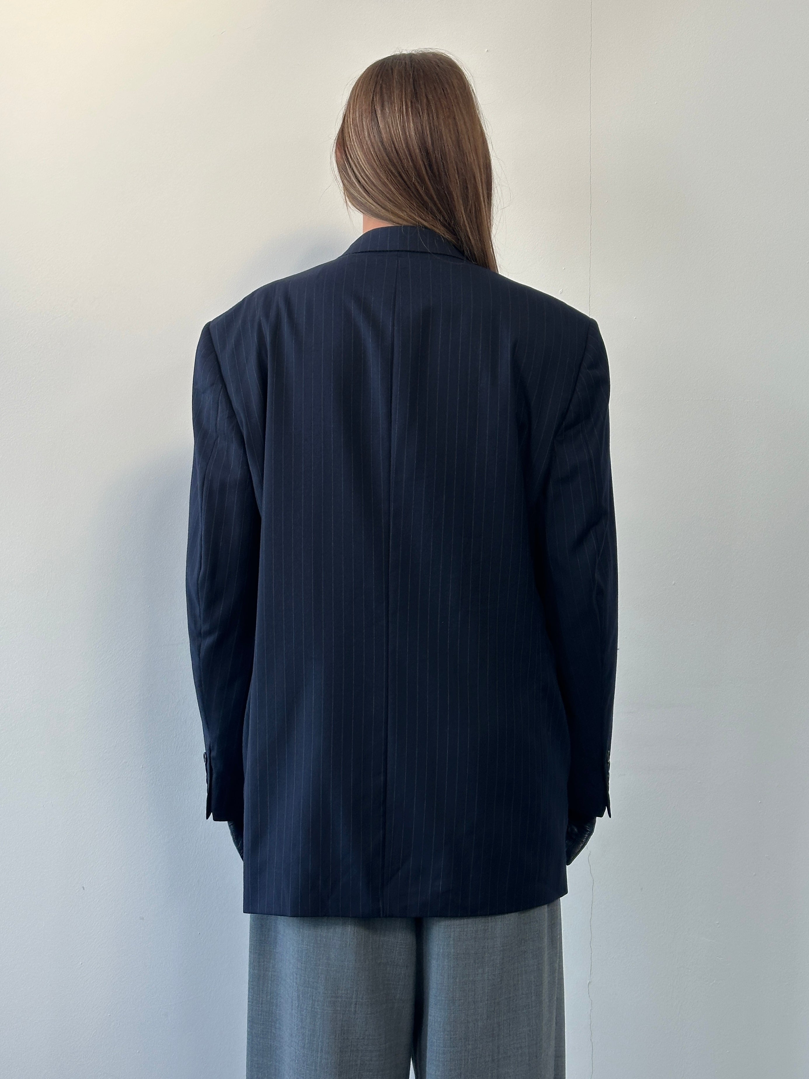 Daniel Cremieux x Loro Piana 1990s pure wool striped double-breasted blazer, size 42R/XL, featuring classic design and quality fabric.
