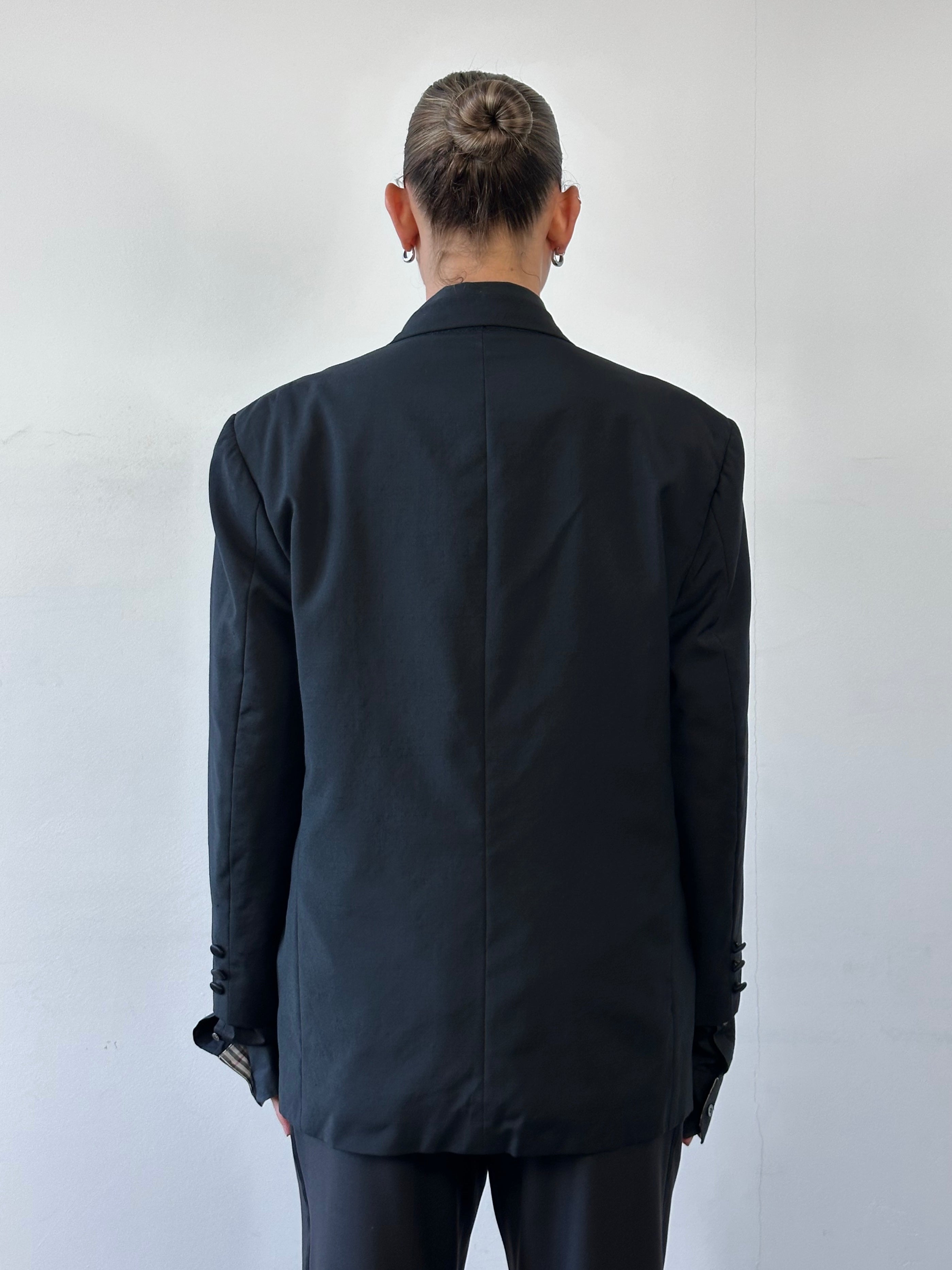 Yves Saint Laurent men's 1980s wool double-breasted tuxedo blazer in size 44S/XL, tailored fit with classic lapels and sleek design.