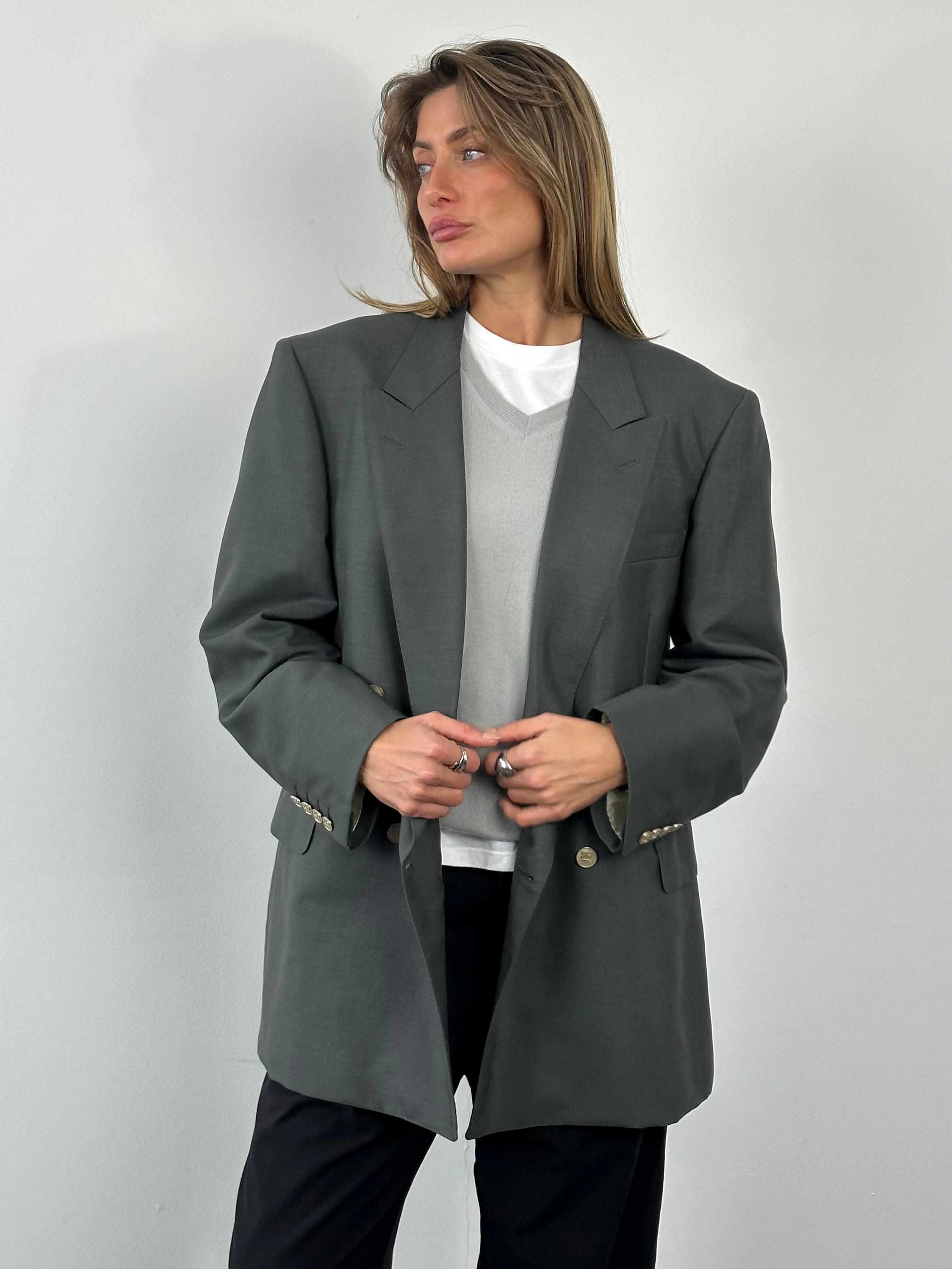 Burberry 1990s wool and mohair double-breasted blazer in XL, tailored fit with classic check pattern and structured design.