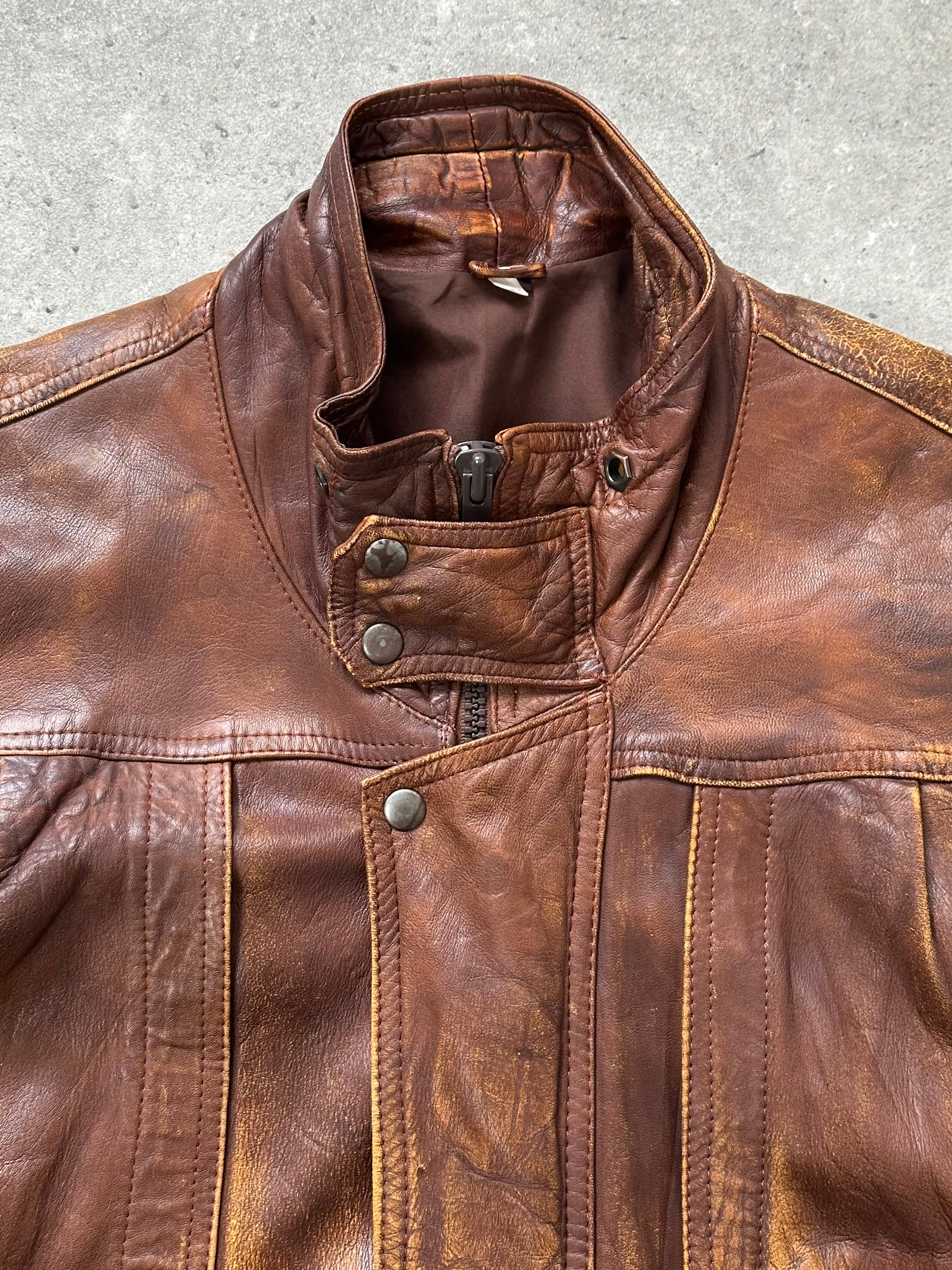 Vintage 1990s aged leather bomber jacket in XL, showcasing distressed leather and classic bomber style.