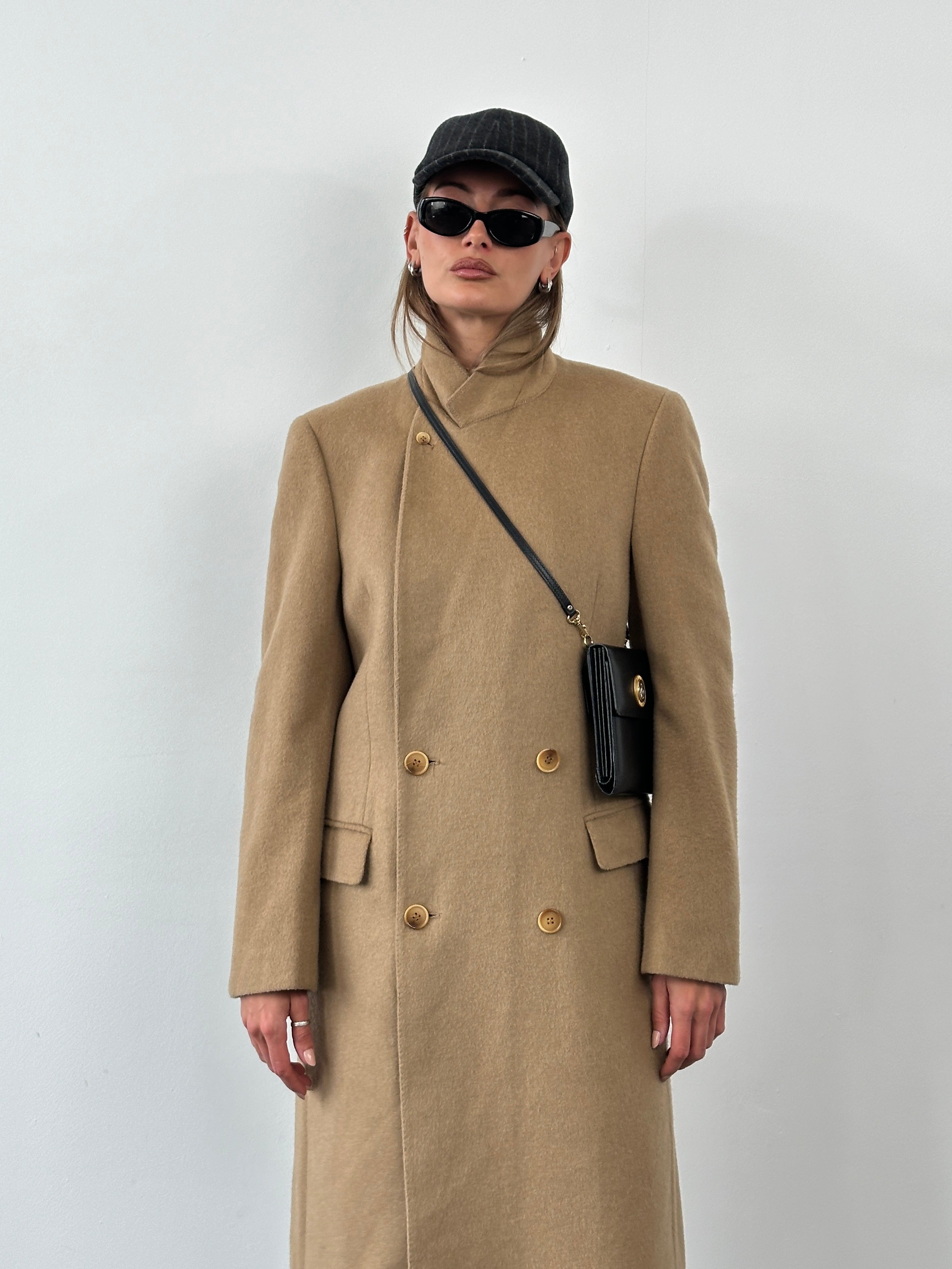 Vintage 1990s wool double-breasted high neck coat, size L, classic style with button details and a cozy, retro look.