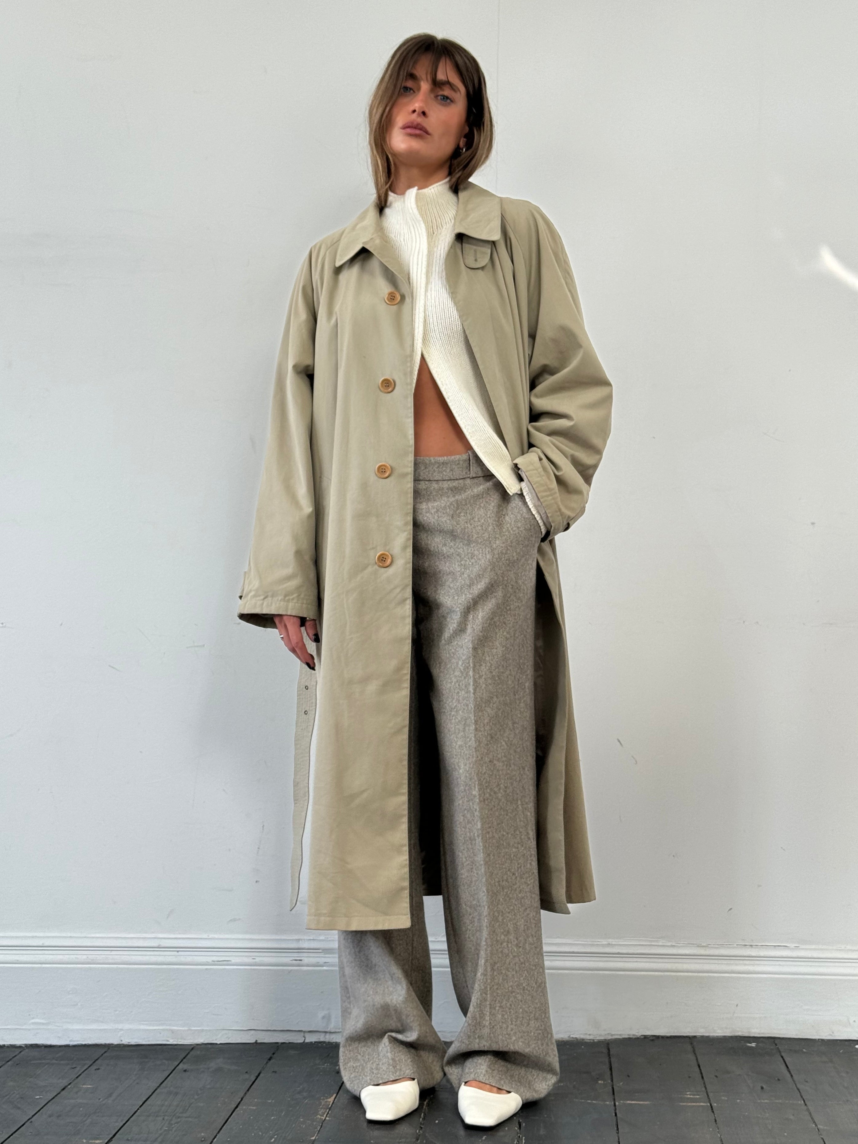 Giorgio Armani Le Collezioni cotton belted trench coat in XXL, beige color, stylish long coat with belt and classic design.