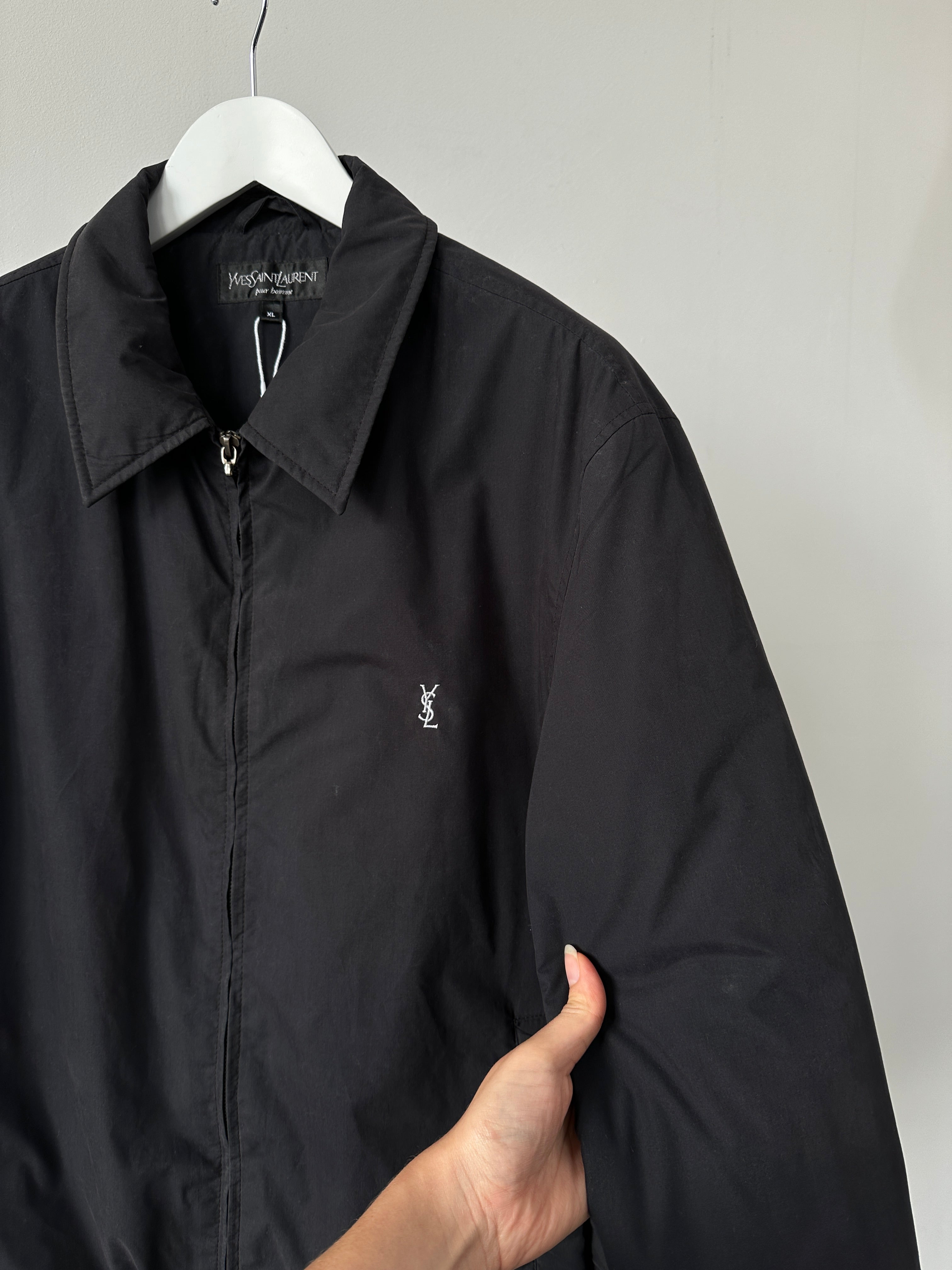 Yves Saint Laurent Pour Homme padded logo bomber jacket in XL, black with brand logo details and quilted design.