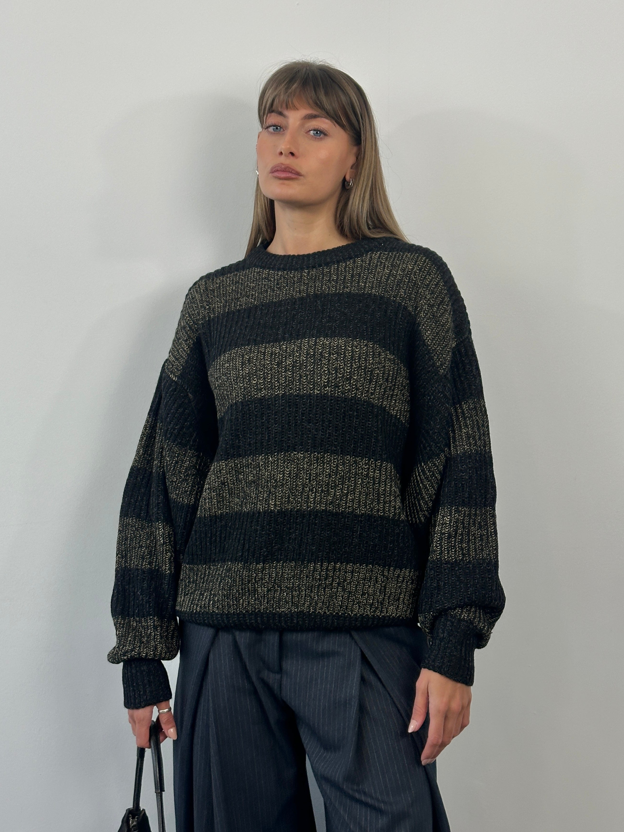 Vintage Italian 1990s wool alpaca striped knitted jumper, XL/XXL, soft and cozy, featuring bold multicolor stripes and classic design.