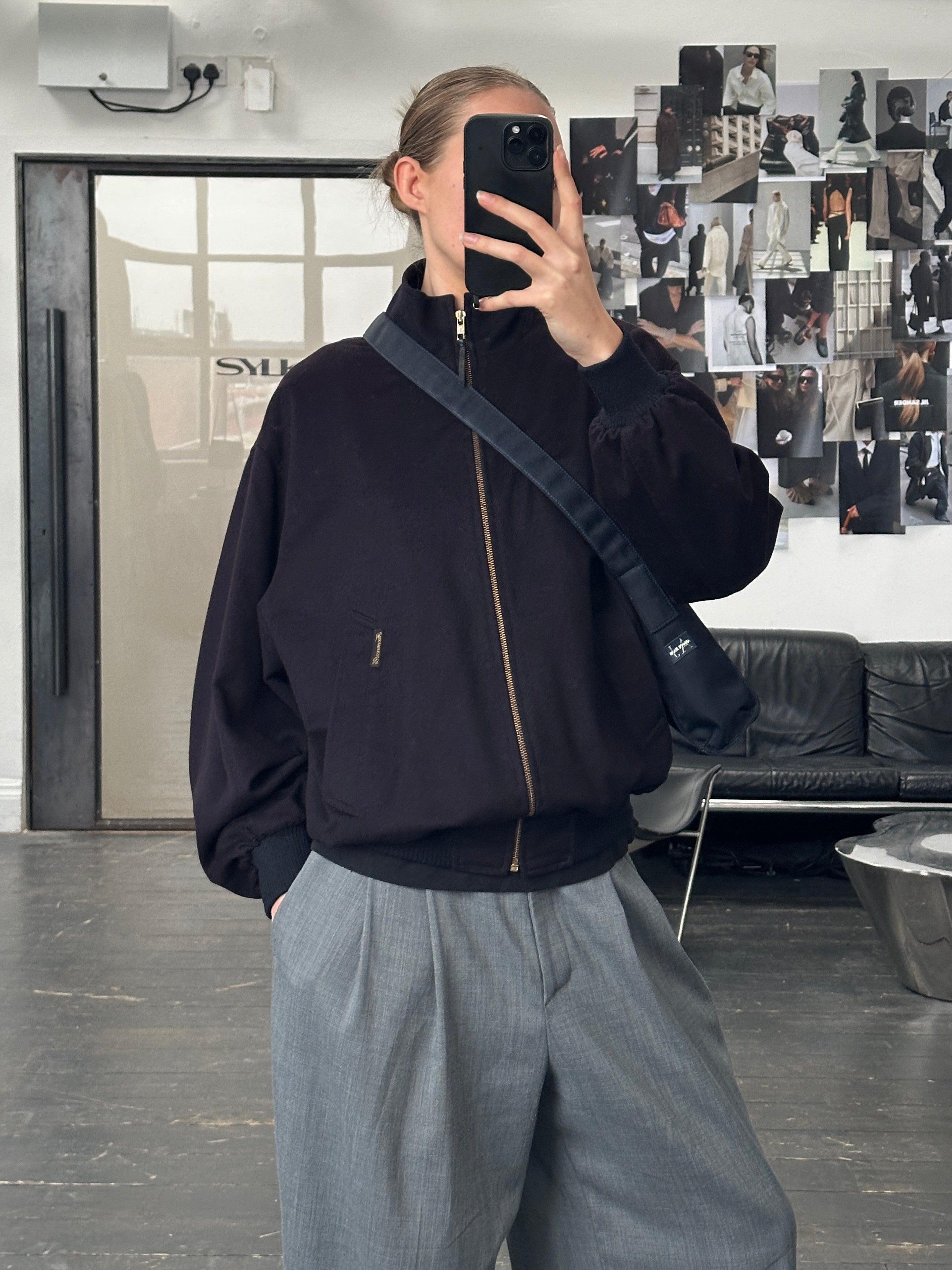 Faconnable 1980s men's pure wool high neck bomber jacket in navy, featuring a classic design and ribbed cuffs and hem.